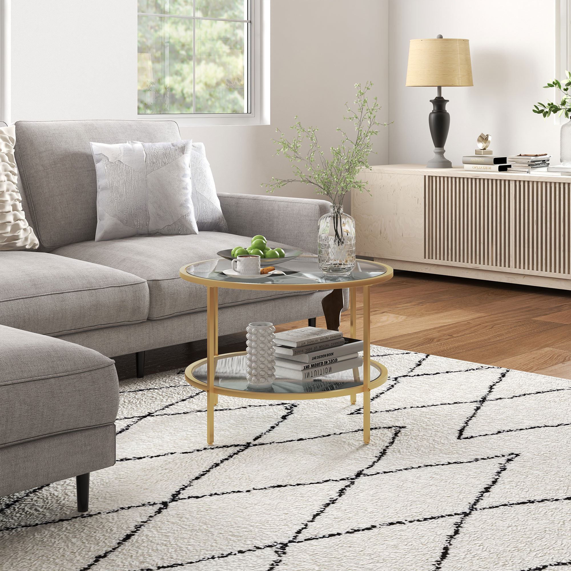 Beistelltisch, modernes Design, 2 Etagen, Ø60x43H cm, Goldton