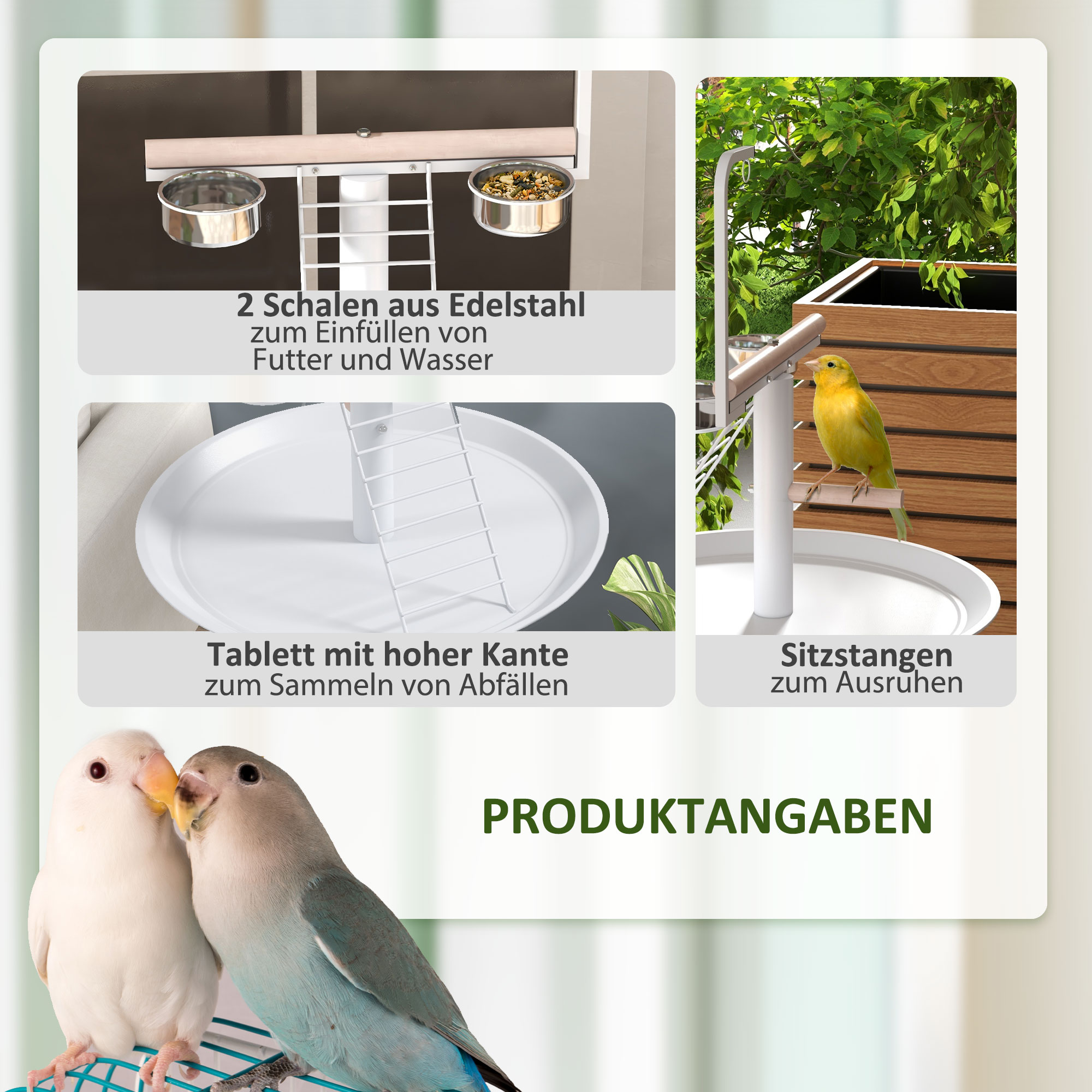 Anflugstange Freisitz für Papageien Sitzstange, 1 Leiter, 1 Schaukel, Futternäpfe, 60 x 60 x 138 cm, Weiß + Natur