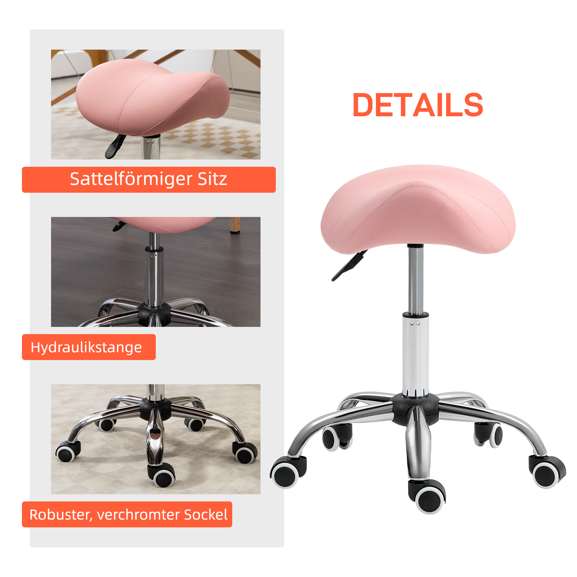 Rollhocker höhenverstellbar 49-61 cm Arbeitshocker 360° drehbar Hocker Bürohocker für Büro Salon Massage Spa Rosa