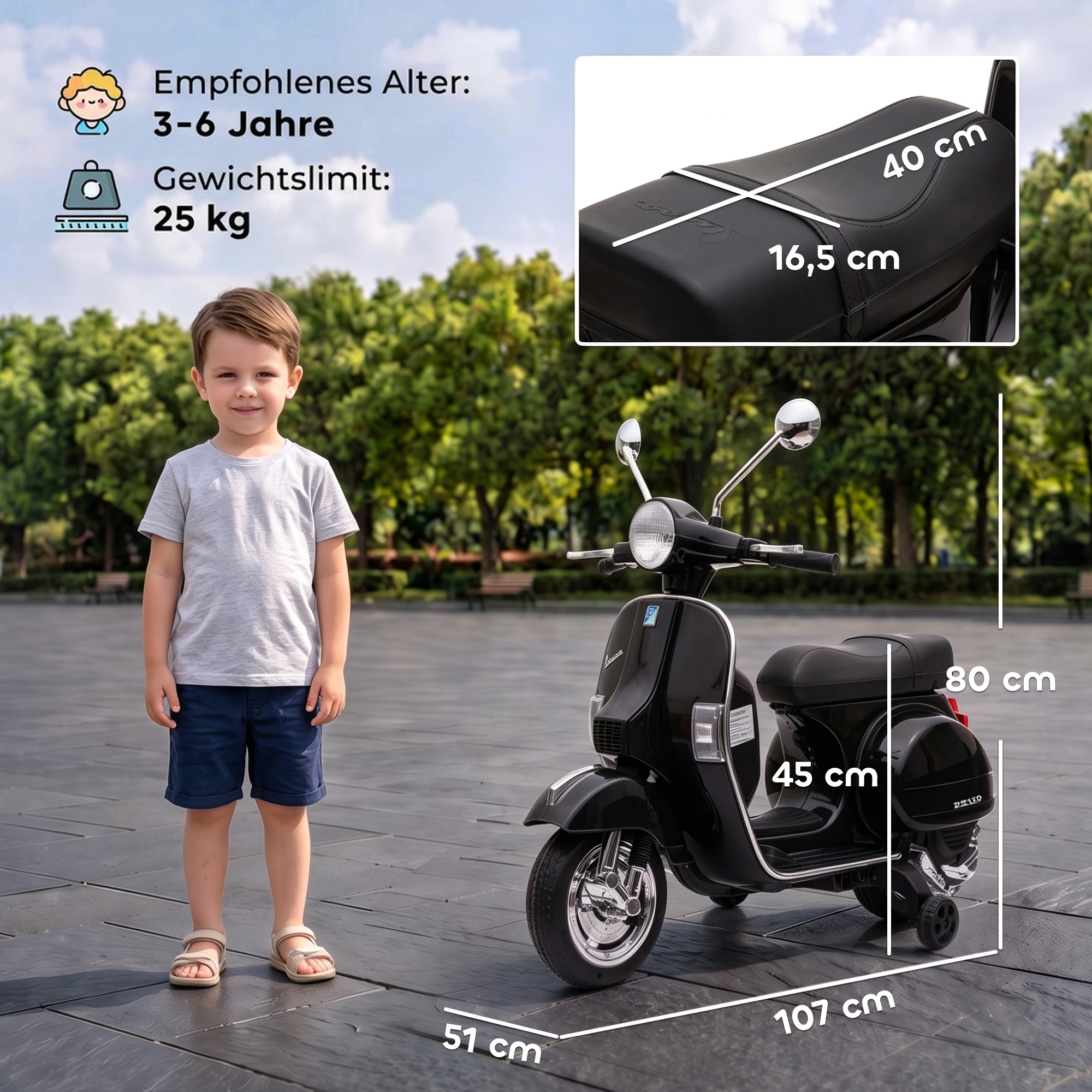 Elektro Motorrad Kinder Vespa PX150 12V Elektromotorrad mit Lithium Akku 35W 2 Motoren 25° Lenkbegrenzung für 3-6 Jahre
