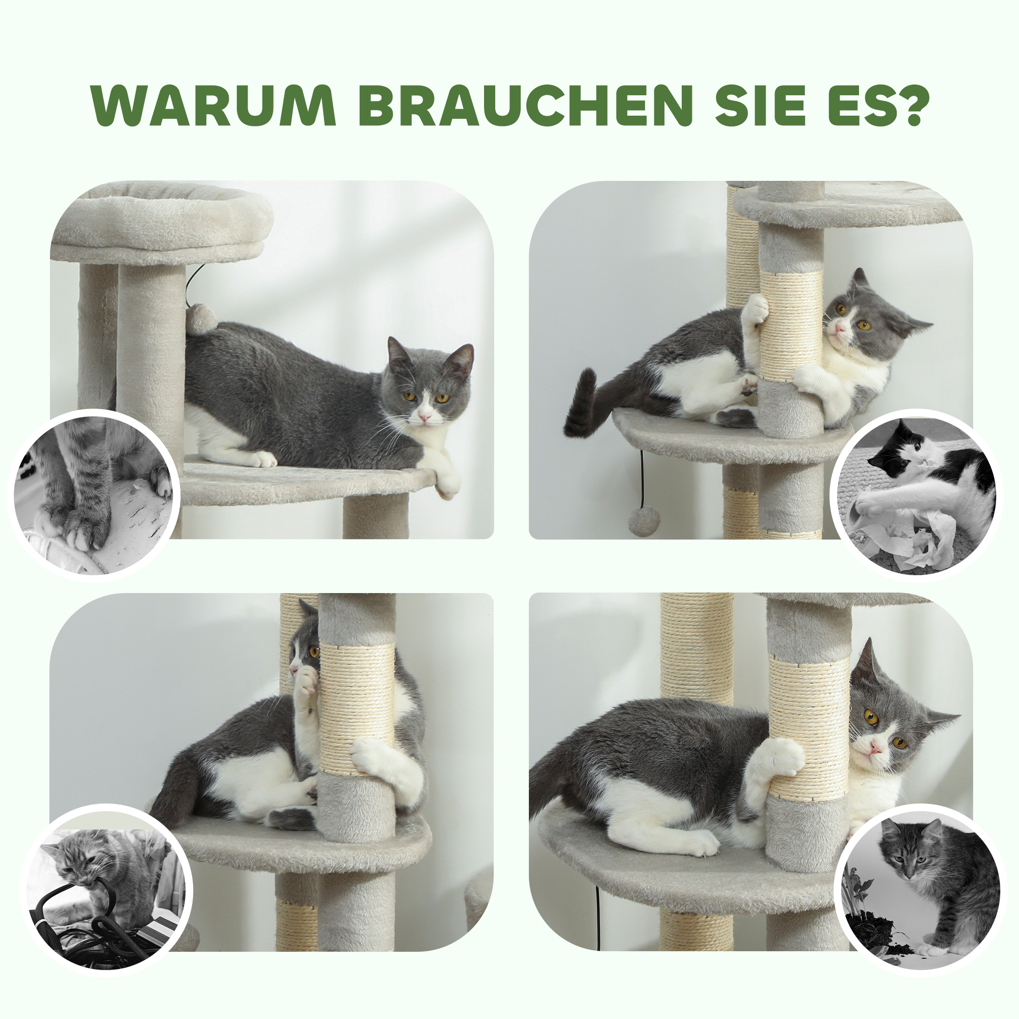 Kratzbaum 114 cm Katzenturm mit Höhle, Sisalstämme, Plattform, mehrstöckig ür mittelgroße Katzen unter 6 kg, Hellgrau