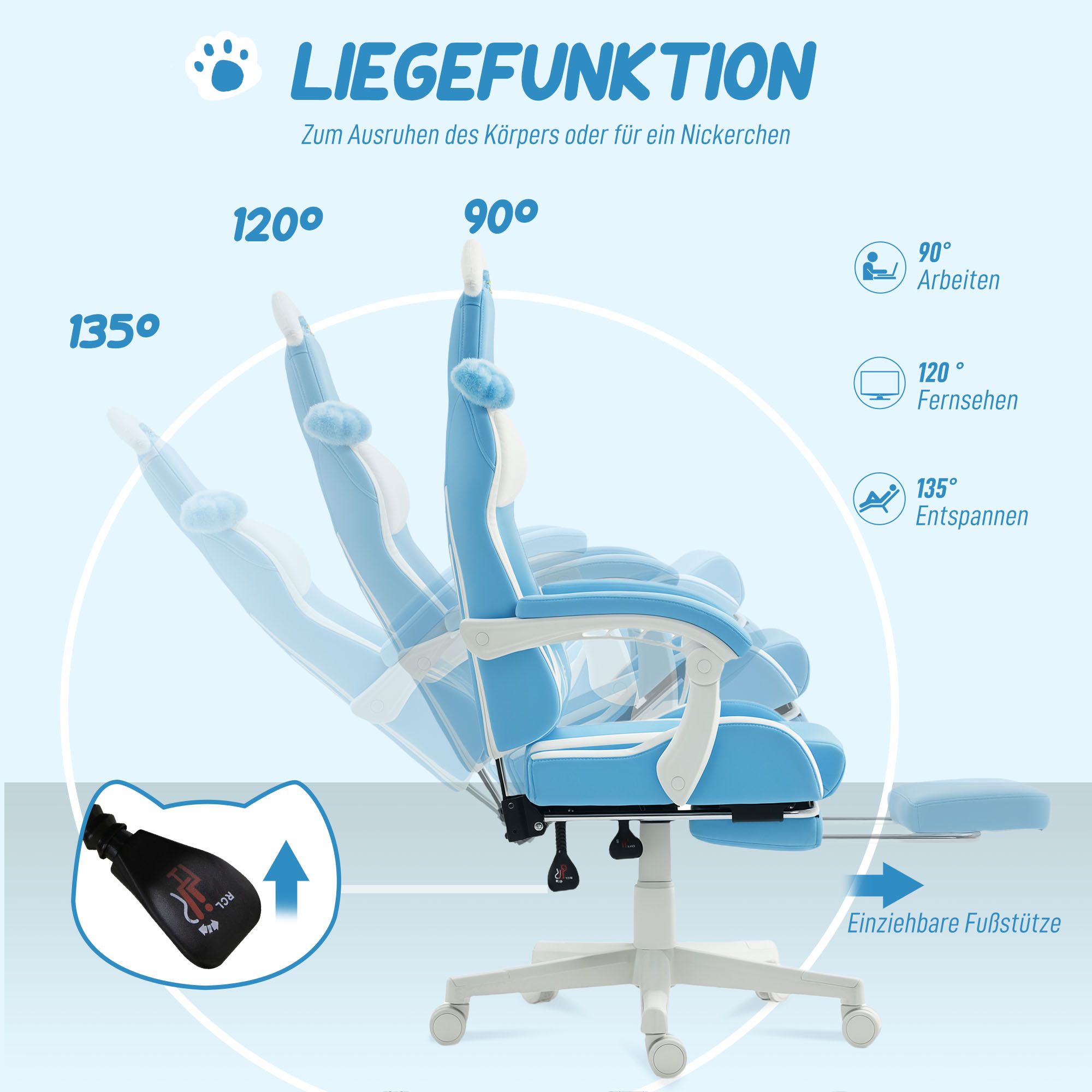 Gaming-Sessel mit Katzenohren, neigbare Lehne, ausziehbare Fußstütze, bis 120 kg belastbar, Seeblau