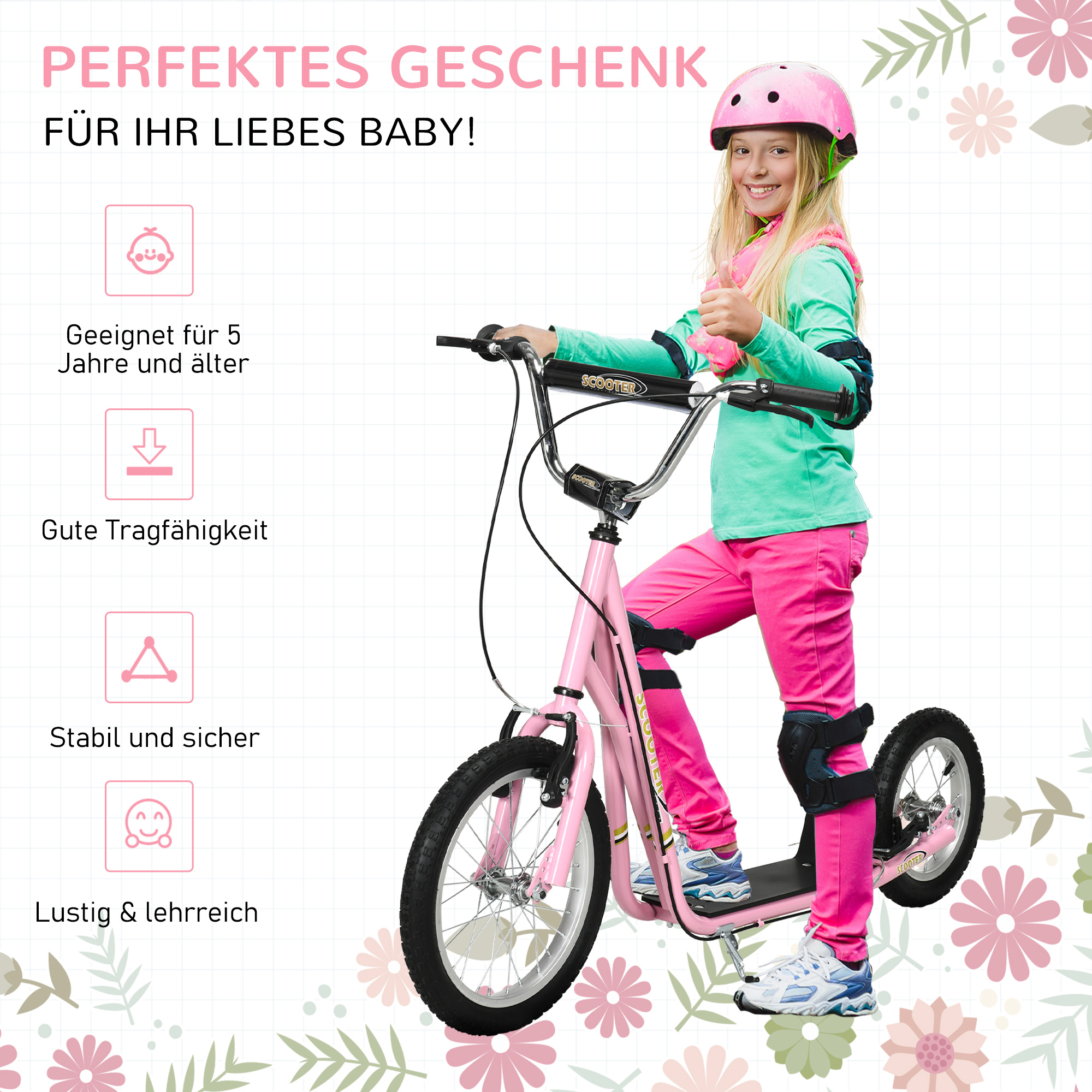 Roller, Kinderroller mit Luftreifen & Handbremse, 16 Zoll Tretroller höhenverstellbar, ab 5 Jahre, Cityroller, Kinder Scooter rosa