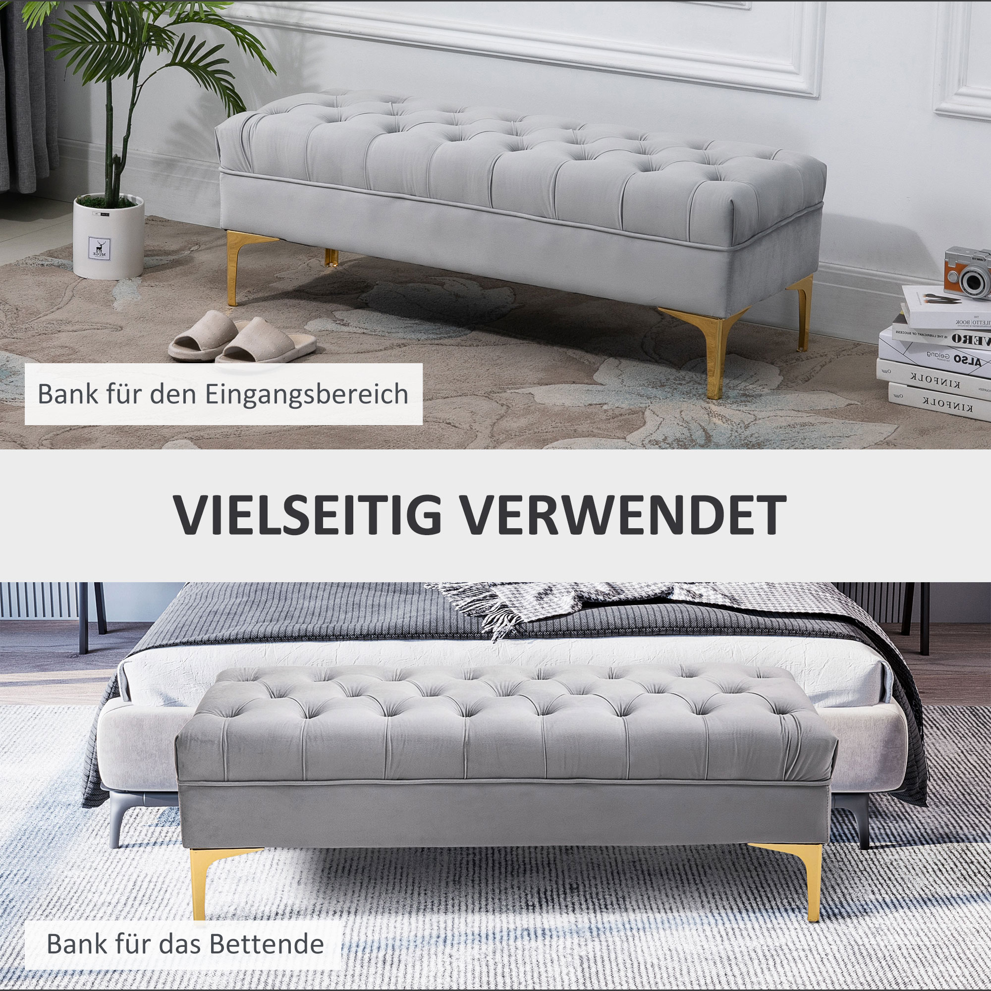 Sitzbank Bettbank Schuhbank mit erhöhten Beine Schlafzimmer Samt Hellgrau
