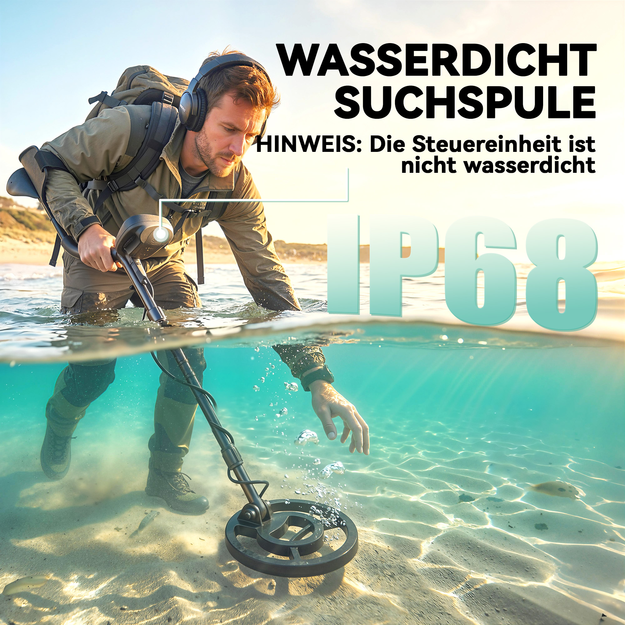 Metalldetektor IP68 Wasserdicht Metallsuchgerät mit 3 Modi Kopfhörer Schaufel Spule LCD-Display 7 Zoll Detektionstiefe