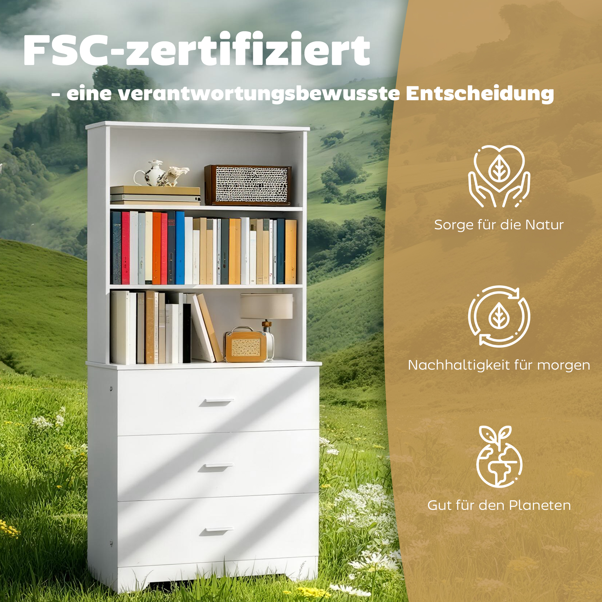 Bücherschrank Hochschrank Vitrinenschrank mit 3 Schubladen, 3 offen Regalen, für Wohnzimmer Küche, 79x39,5x180 cm, Weiß