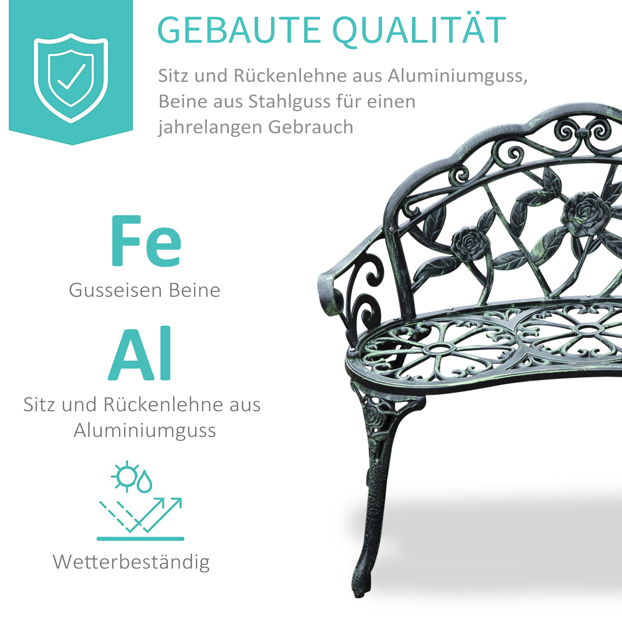 2-Sitzer Gartenbank robust Parkbank Sitzbank mit Rückenlehne Bank 240kg belastbar Gartenmöbel 100 x 54 x 78 cm Antik Grün