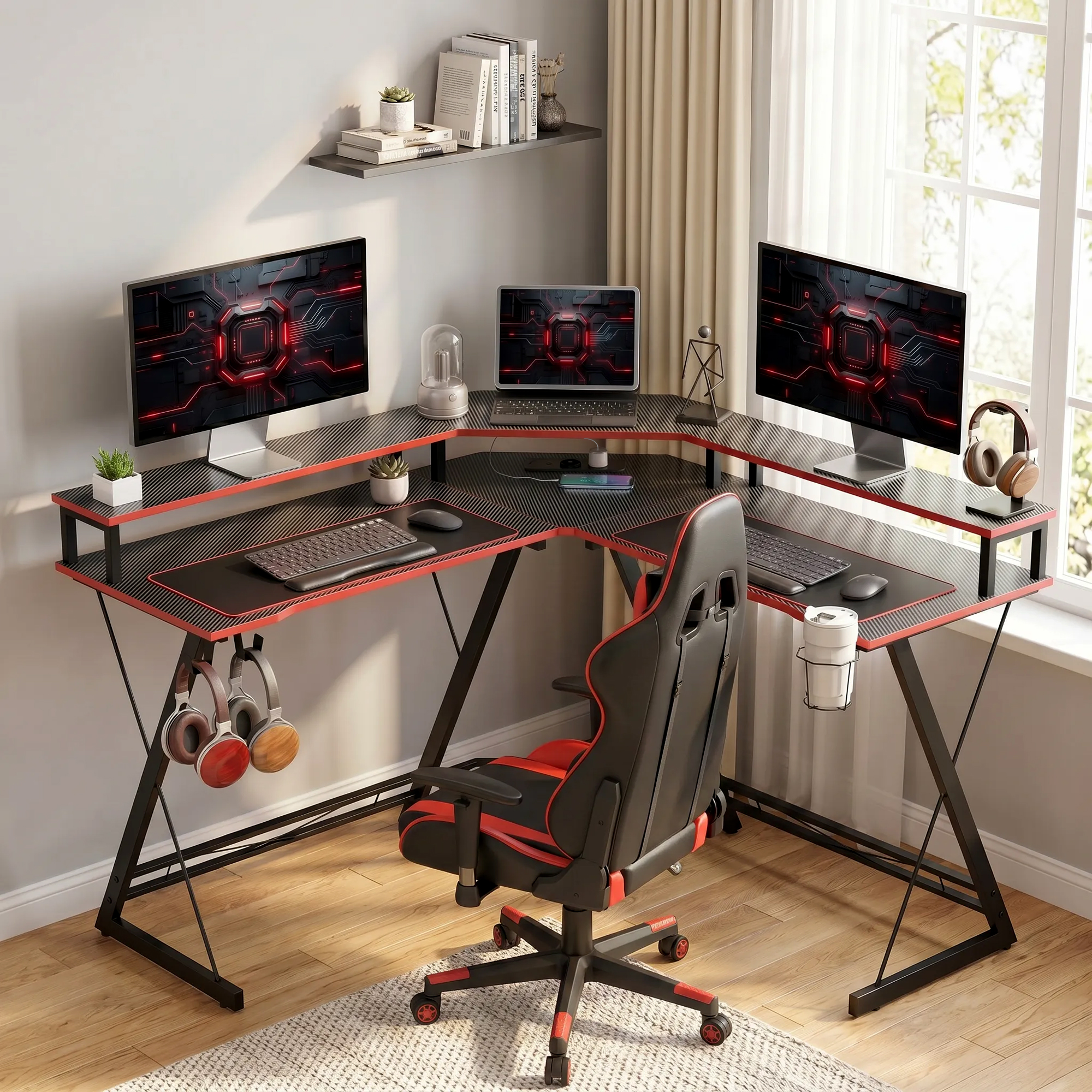 L-förmiger Computertisch mit Steckdosen, 128 cm Eckschreibtisch mit Monitorständer, Kopfhörerhaken & Getränkehalter