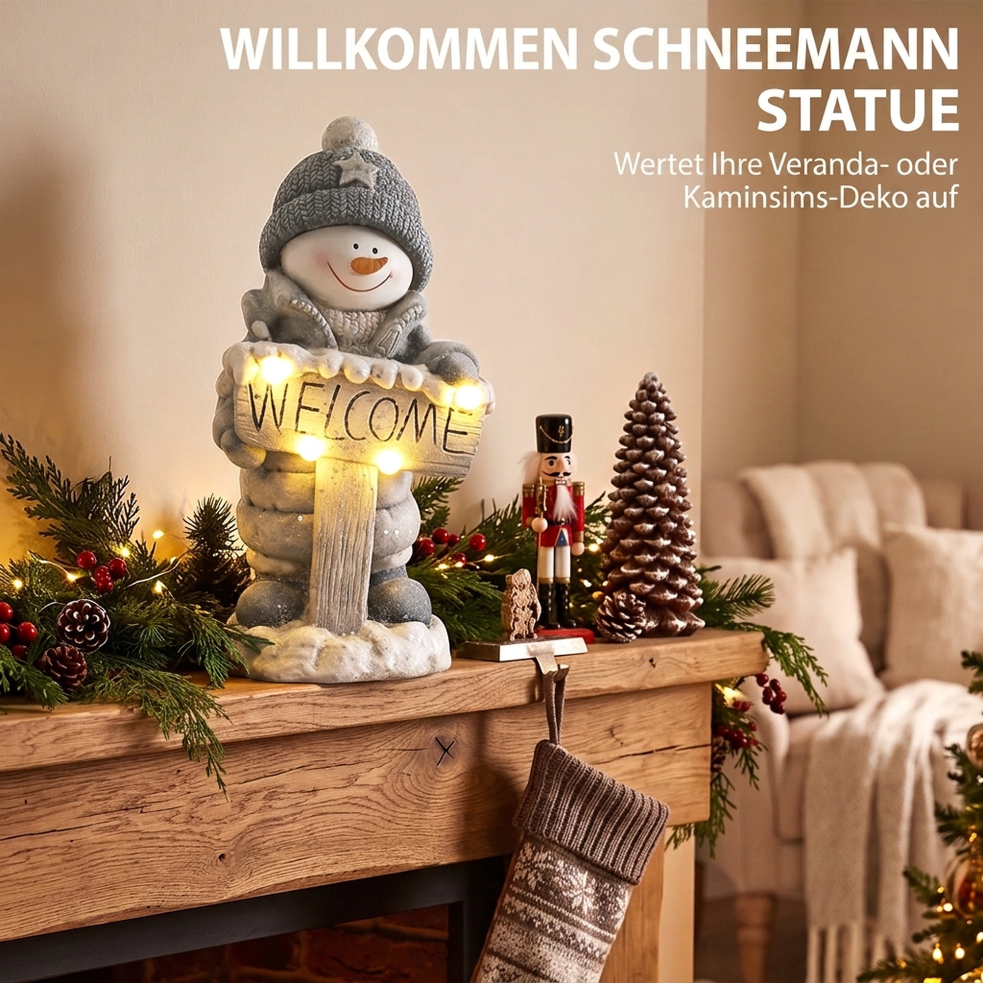 Weihnachtsdeko Schneemann-Figur, beleuchtete Weihnachtsstatue aus MGO mit Welcome-Schild, LEDs und Tages-Timer