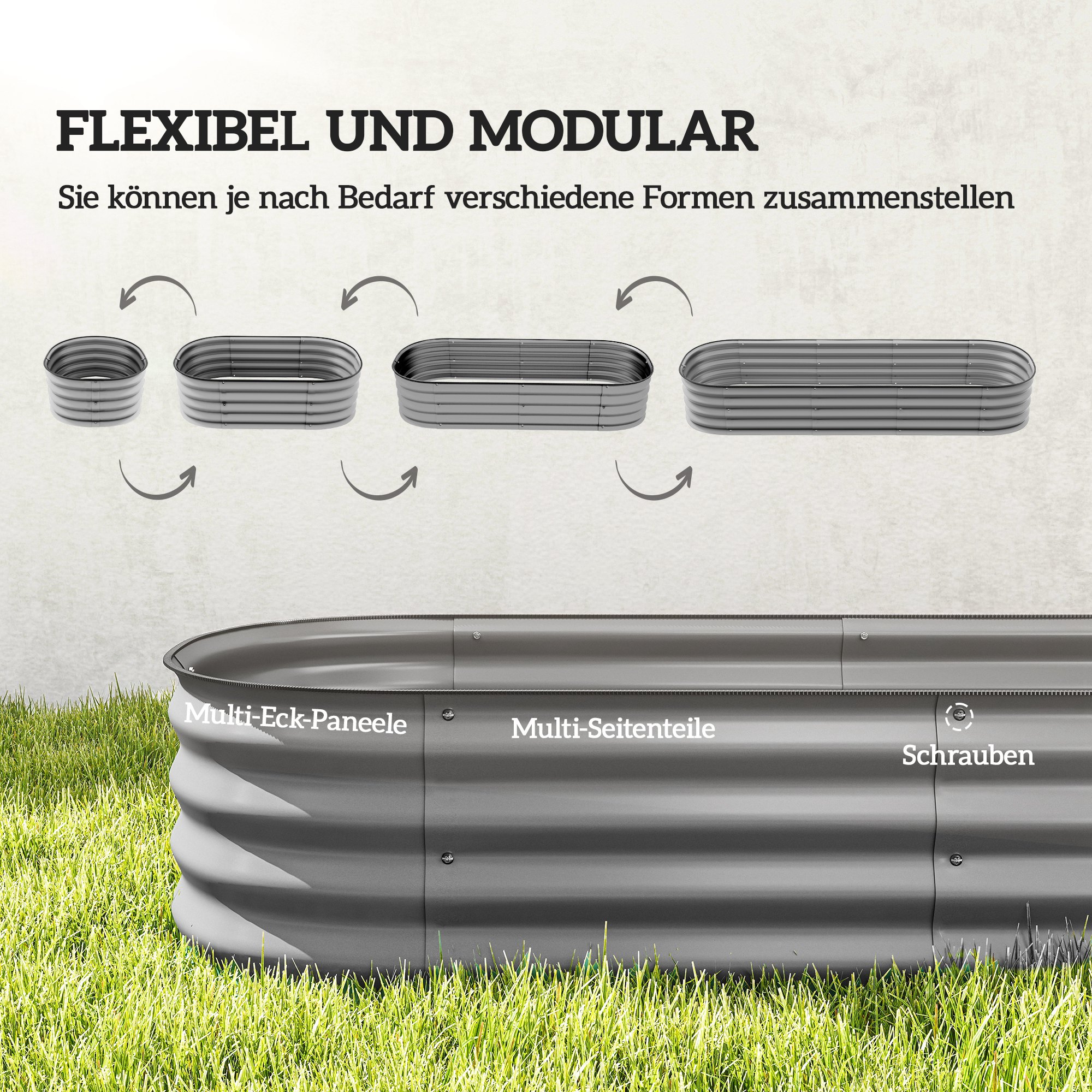 Hochbeet Pflanzenbeet, modulares Hochbett, geschützte Kanten, Design ohne Boden,  195 x 62 x 30 cm, Silber