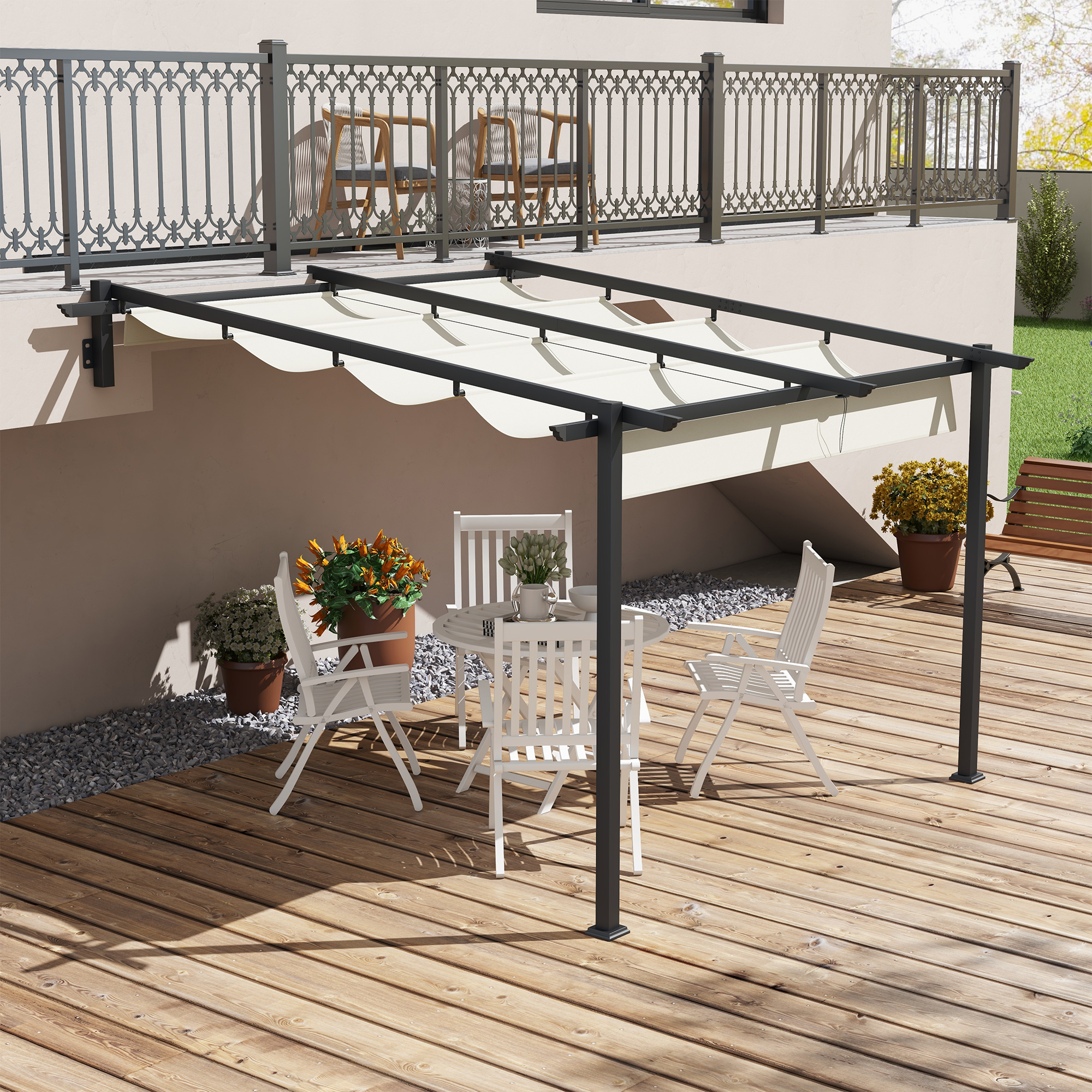 Gartenpavillon 3 x 3m, einziehbares Dach, Wandmontage, Metallrahmen, Cremeweiß