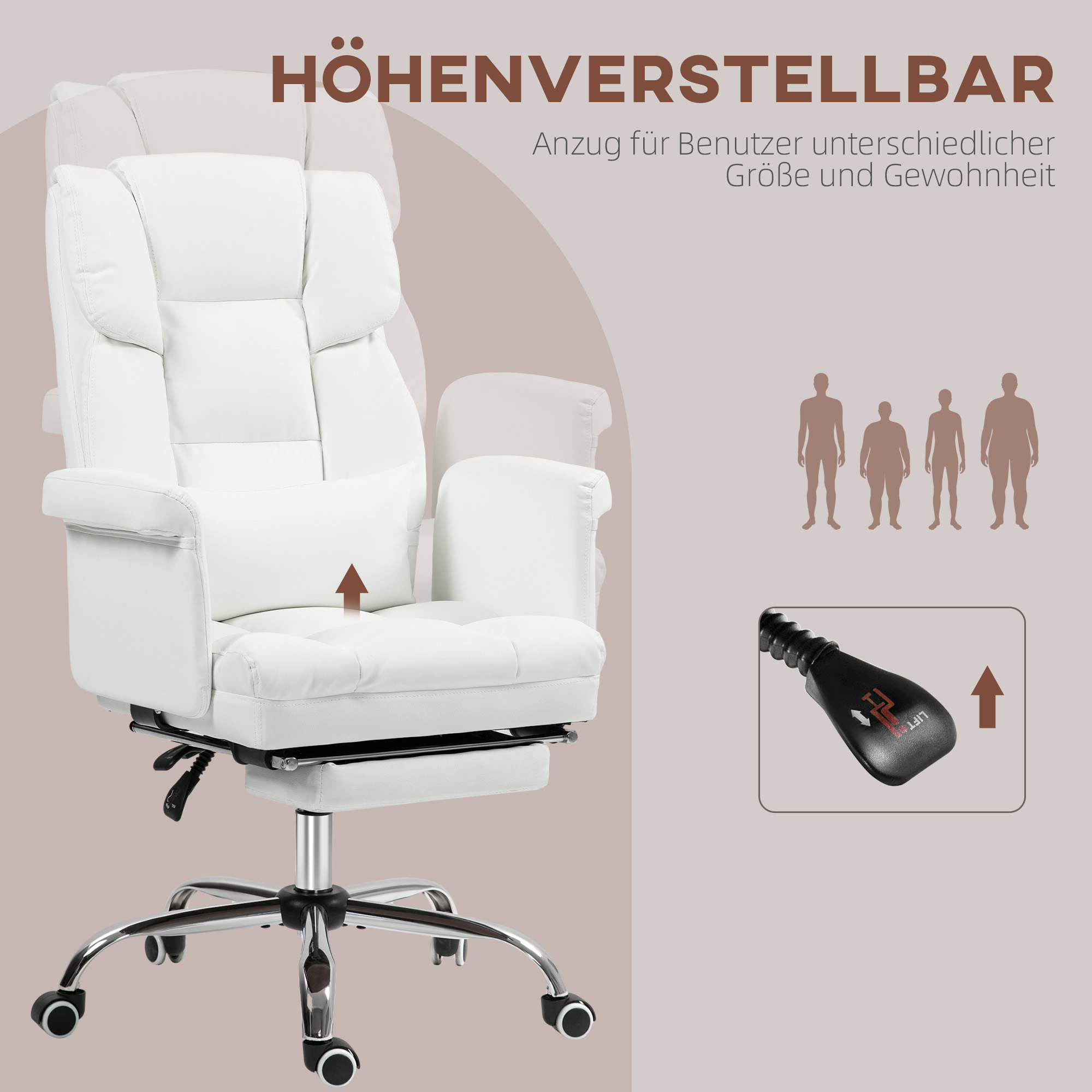 Ergonomischer Bürostuhl, höhenverstellbar 48-56 cm, neigbare Rückenlehne, Fußstütze, Weiß
