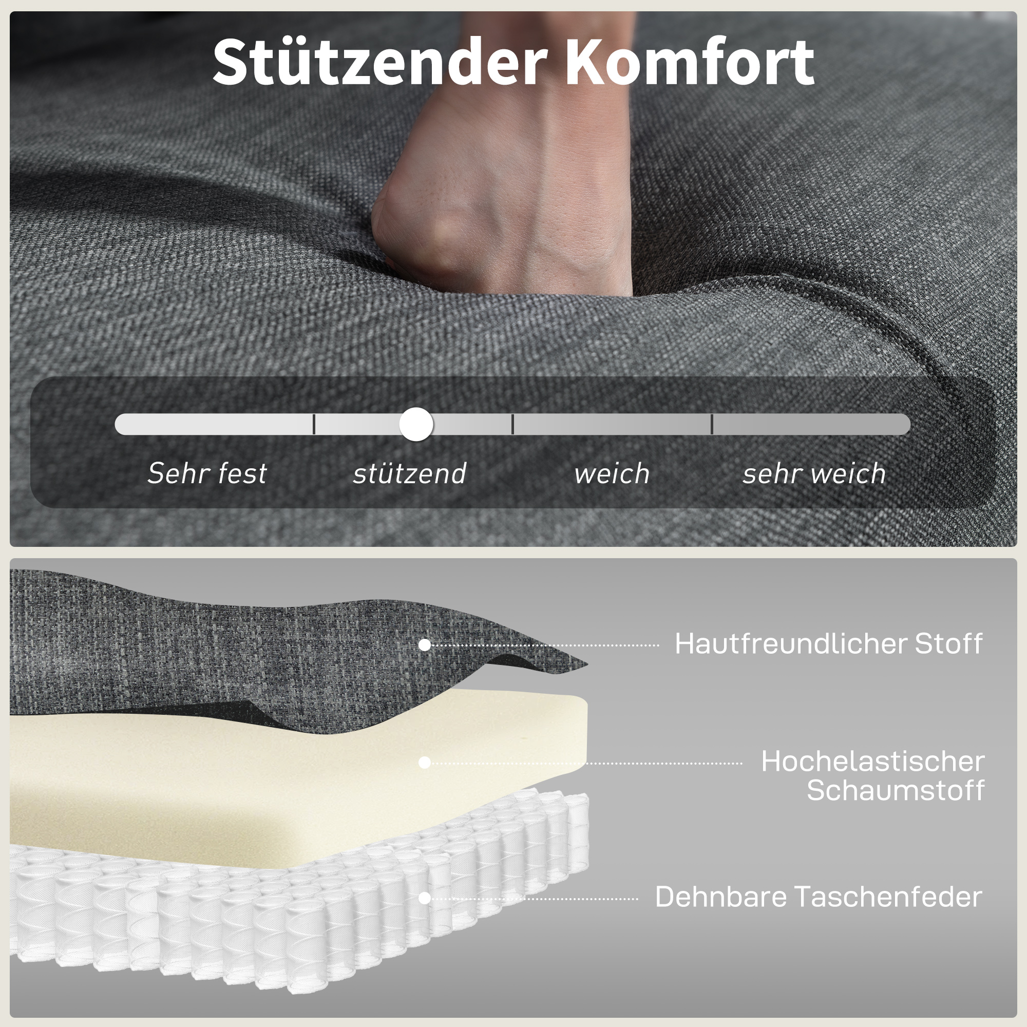 2-Sitzer-Sofa, getuftete Rückenlehne, Holzbeine, dicke Polsterung, Leinenoptik, für kleine Räume, Grau