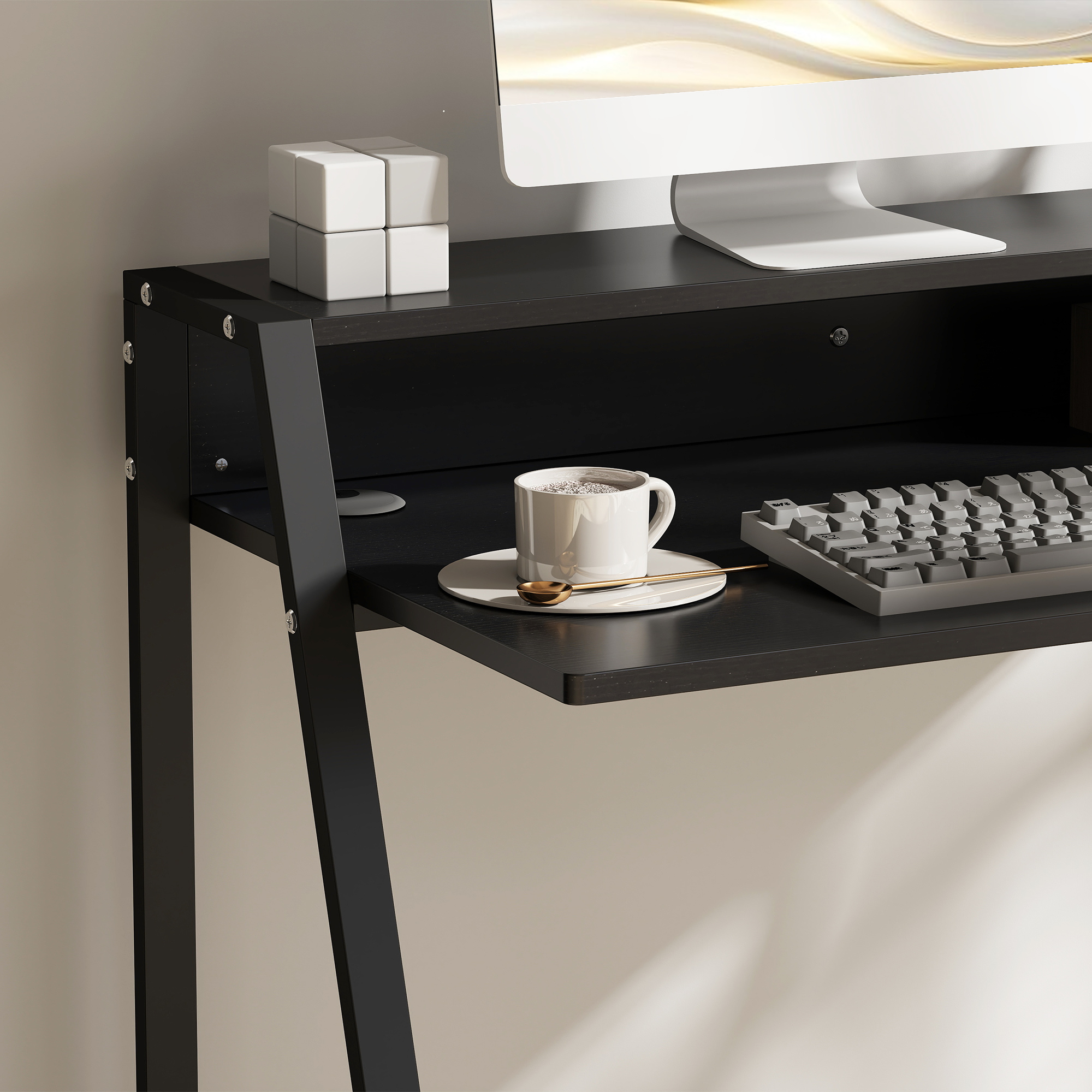 Schreibtisch, Computertisch mit Ablage und Kabel Management, moderner Schreibtisch mit Metallgestell für Arbeitszimmer, Schlafzimmer, Home Office, 84 x 45 x 85 cm, Schwarz
