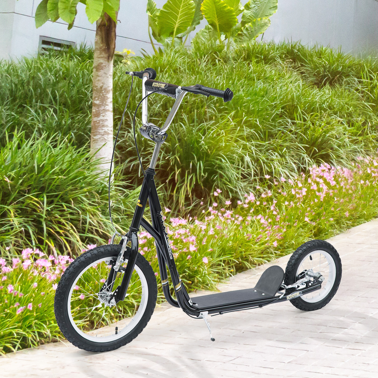 Kinderroller 16/12 Zoll Scooter Tretroller mit Bremsen Cityroller Kickboard Kinder Roller für 5+ Jahre Kinder Schwarz 135 x 58 x 92-100 cm