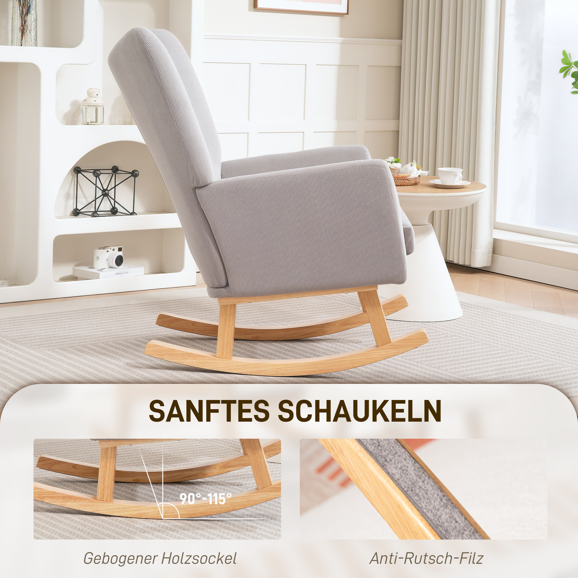 Schaukelstuhl im Retro-Design, Cordbezug, Kautschukholz, Schaumstoff-Füllung, hohe Rückenlehne, Polstersessel, Hellgrau