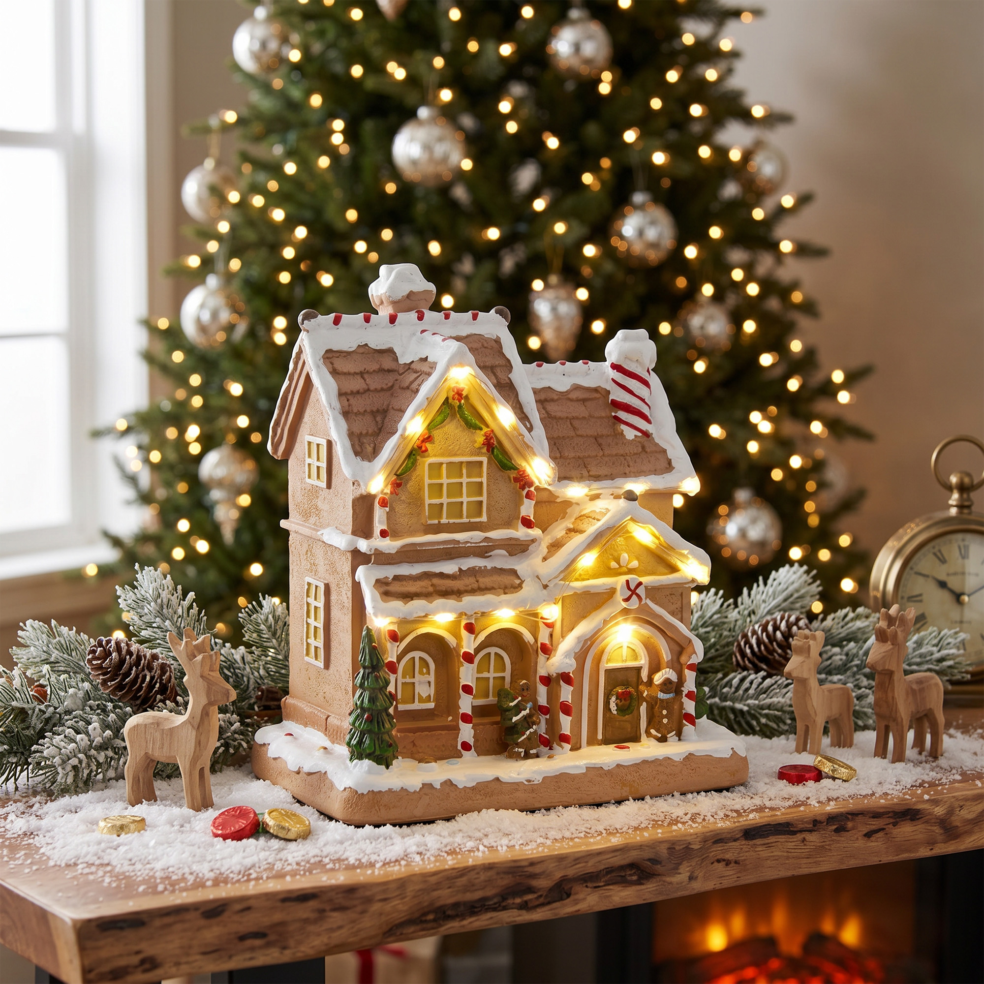 Lebkuchenhaus mit LED-Lichtern und Musik, Weihnachtshaus Winterlandschaft mit Lebkuchenmann, für Weihnachten, Braun