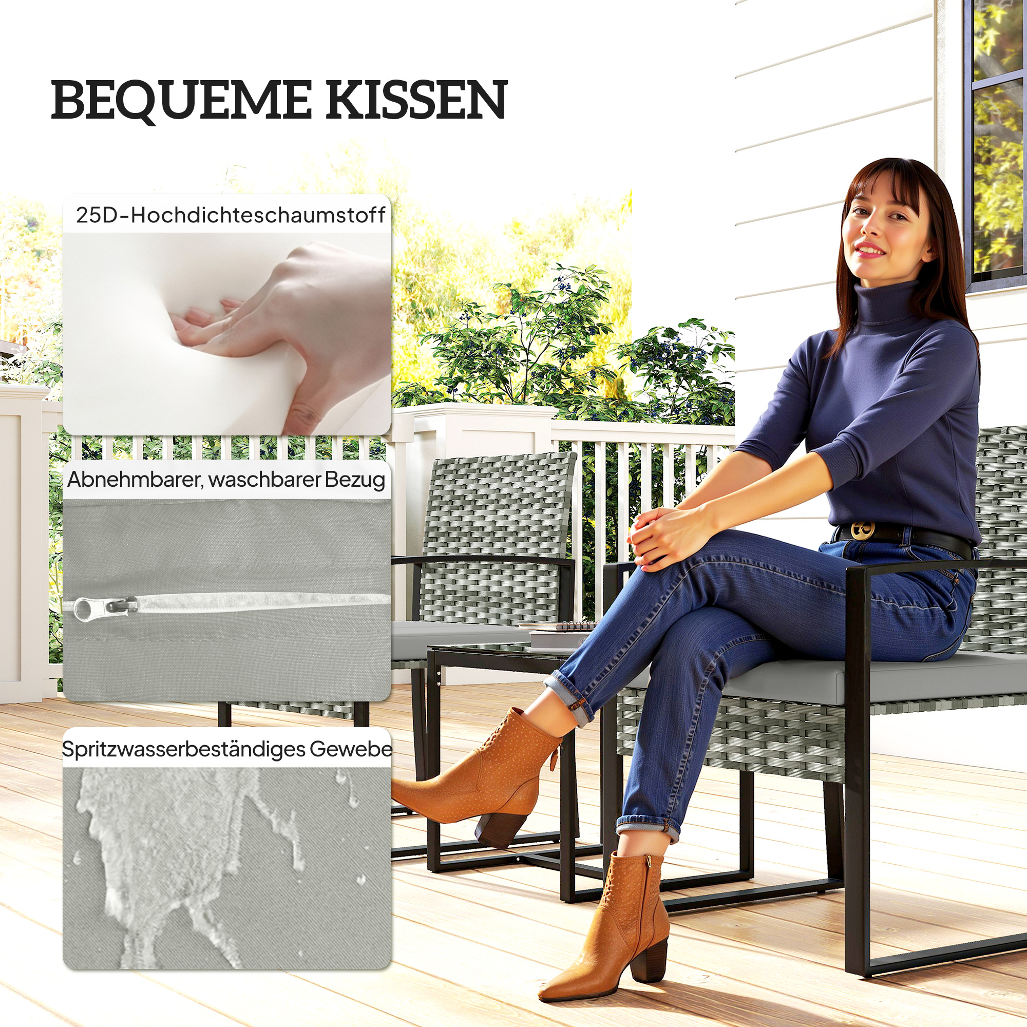 Rattan Bistroset, 3 teiliges Gartenmöbel-Set mit 2 Gartenstühlen, Couchtisch, abnehmbar Kissen Hellgrau