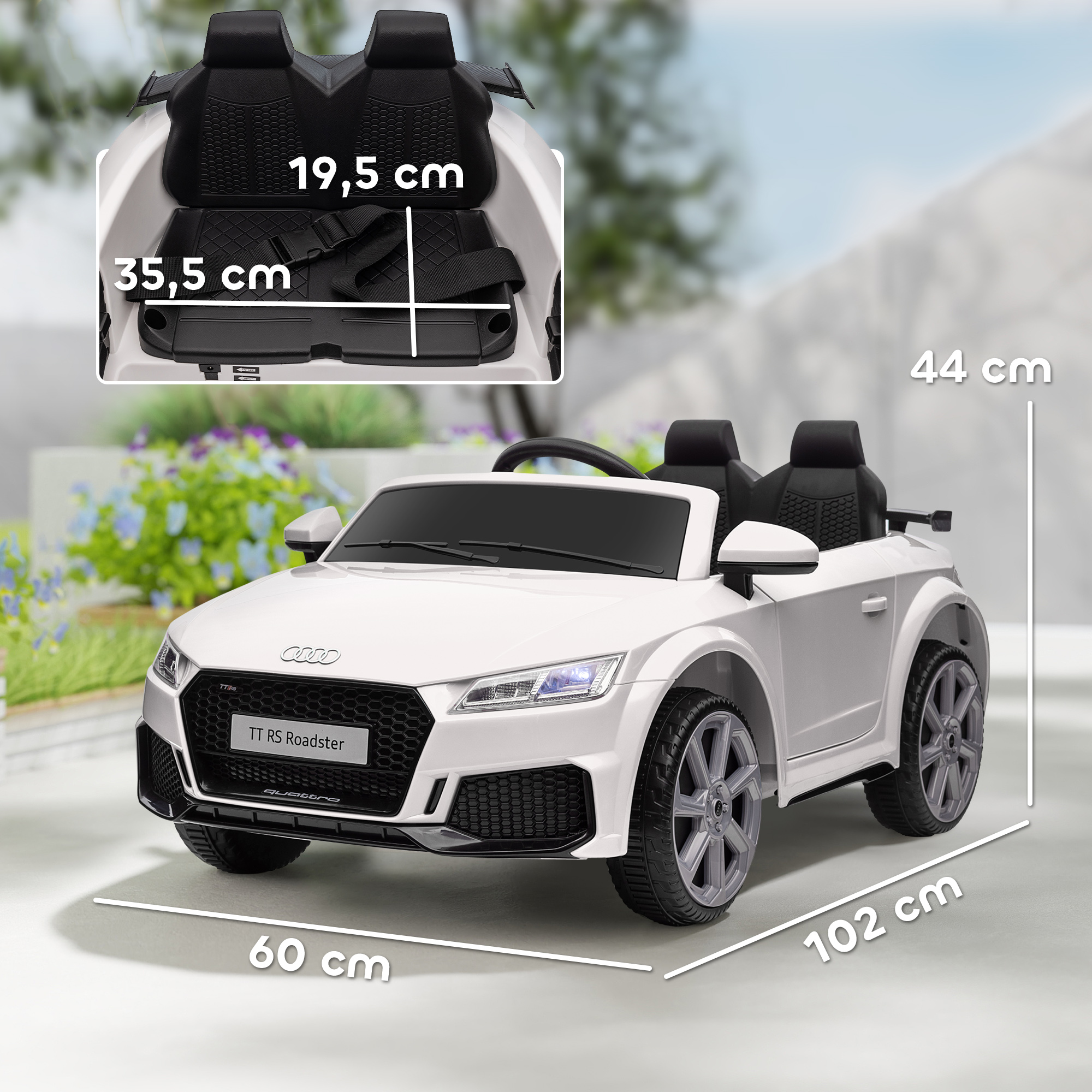Kinder-Elektroauto, Audi TT RS Roadster, 3 km/h, Fernbedienung, LED, USB, Weiß
