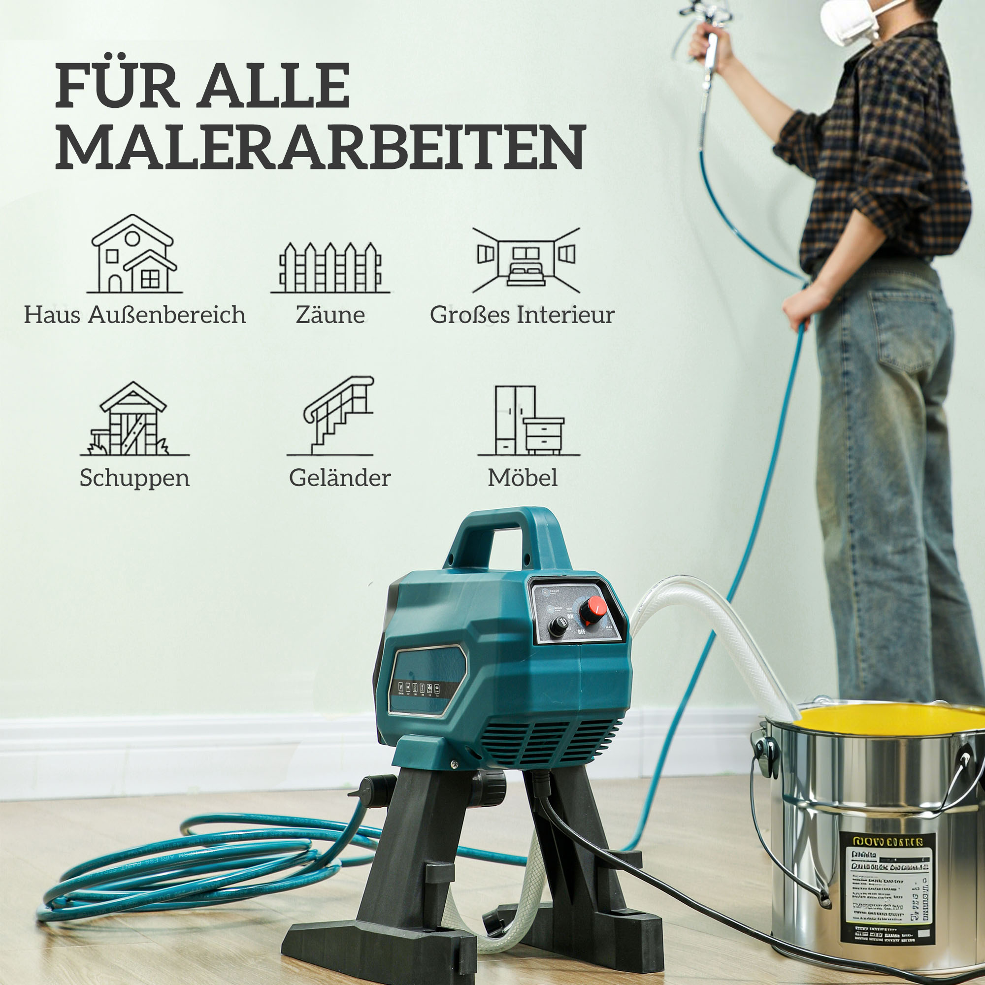 Farbsprühsystem, 700 W Lackierpistole Elektrisch, 200 bar Farbsprühgerät mit 1,5 L/min Durchfluss, 33 x 26 x 41 cm, Blau