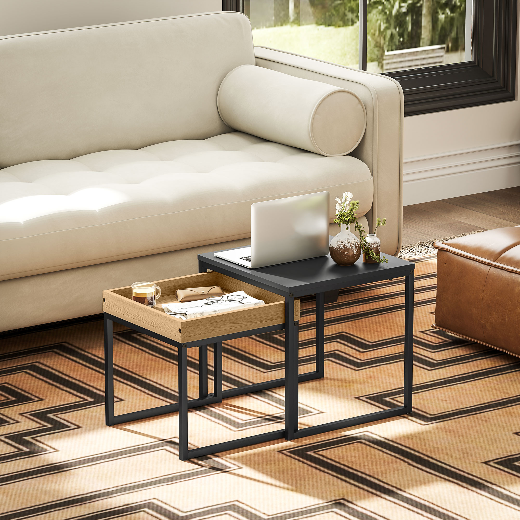 moderner Couchtisch, 2er-Set Sofatisch, für kleine Räume, Quadratisch, MDF, Metall, Schwarz