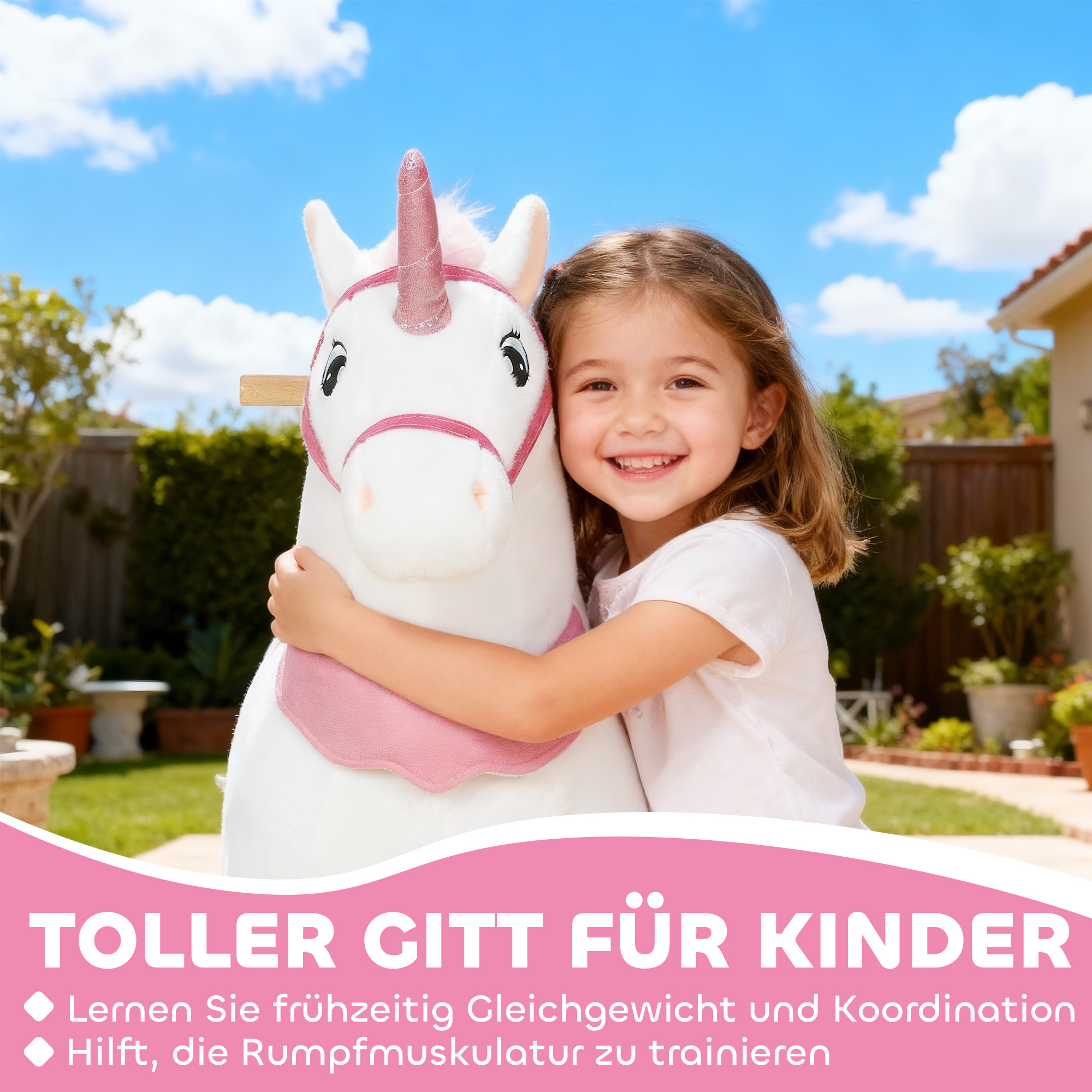 Reitpferd für Kinder, Einhorn-Design, Stoffbezug, stabiler Rahmen, sanfte Räder, Schaukelpferd, 3-5 Jahre, Weiß