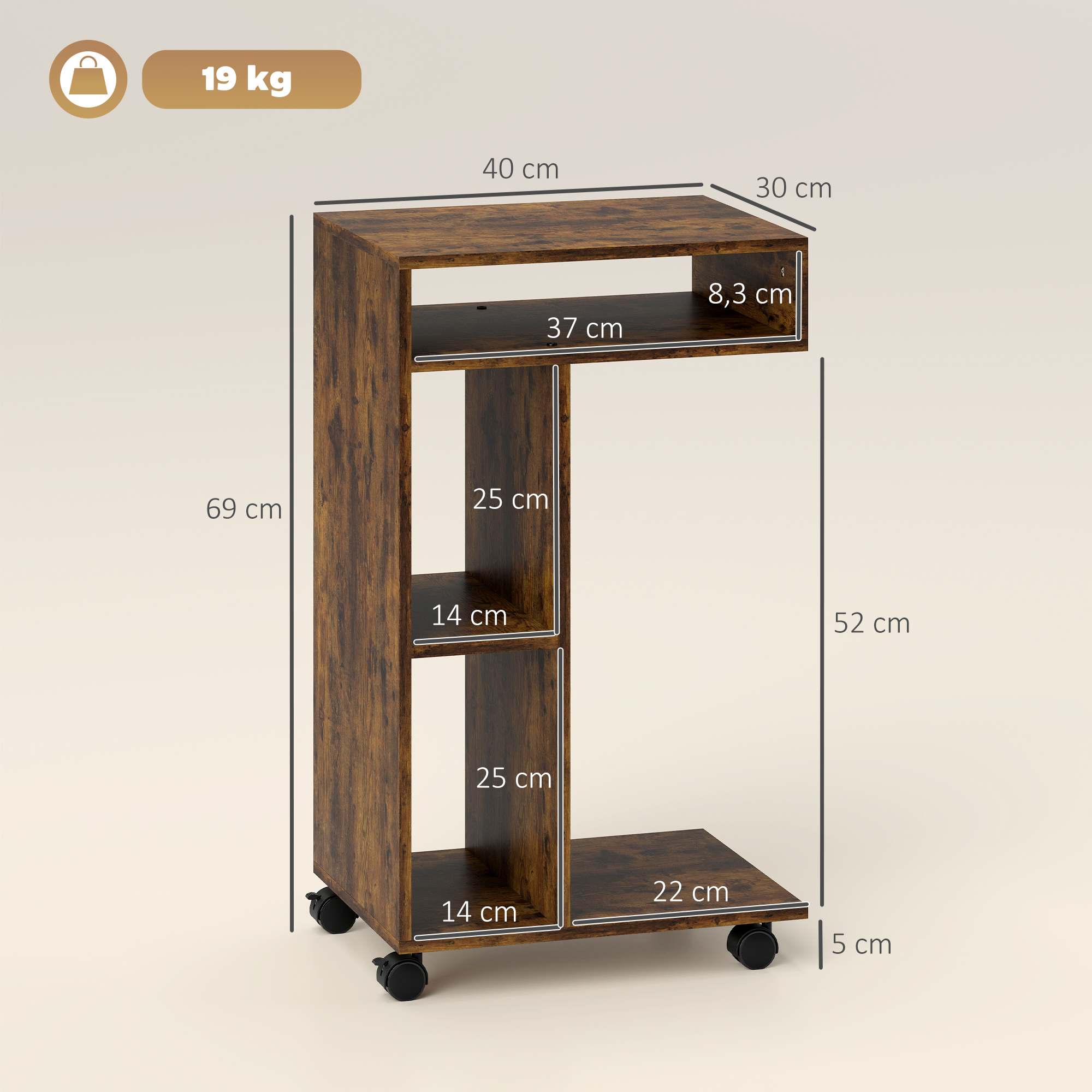 Beistelltisch, C-förmiger Servierwagen, 4 Rollen, 3 Fächer, 40 x 30 x 69 cm, Rustikal-Braun