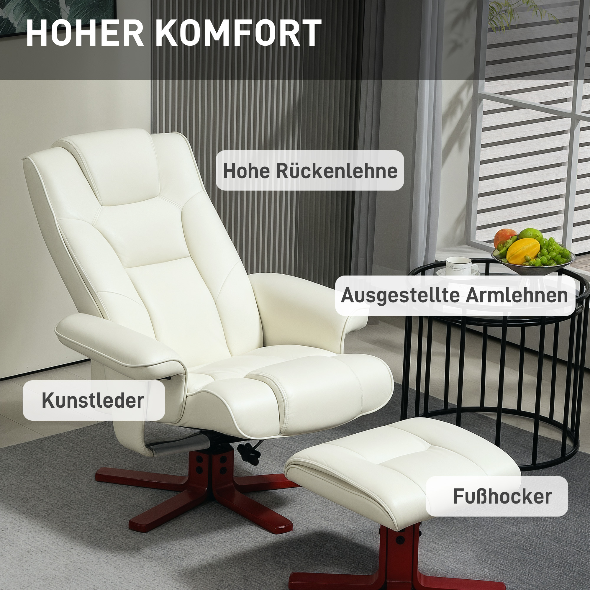 Relaxsessel mit Hocker, Lederoptik, neigbare Lehne, bis 150 kg, Cremeweiß