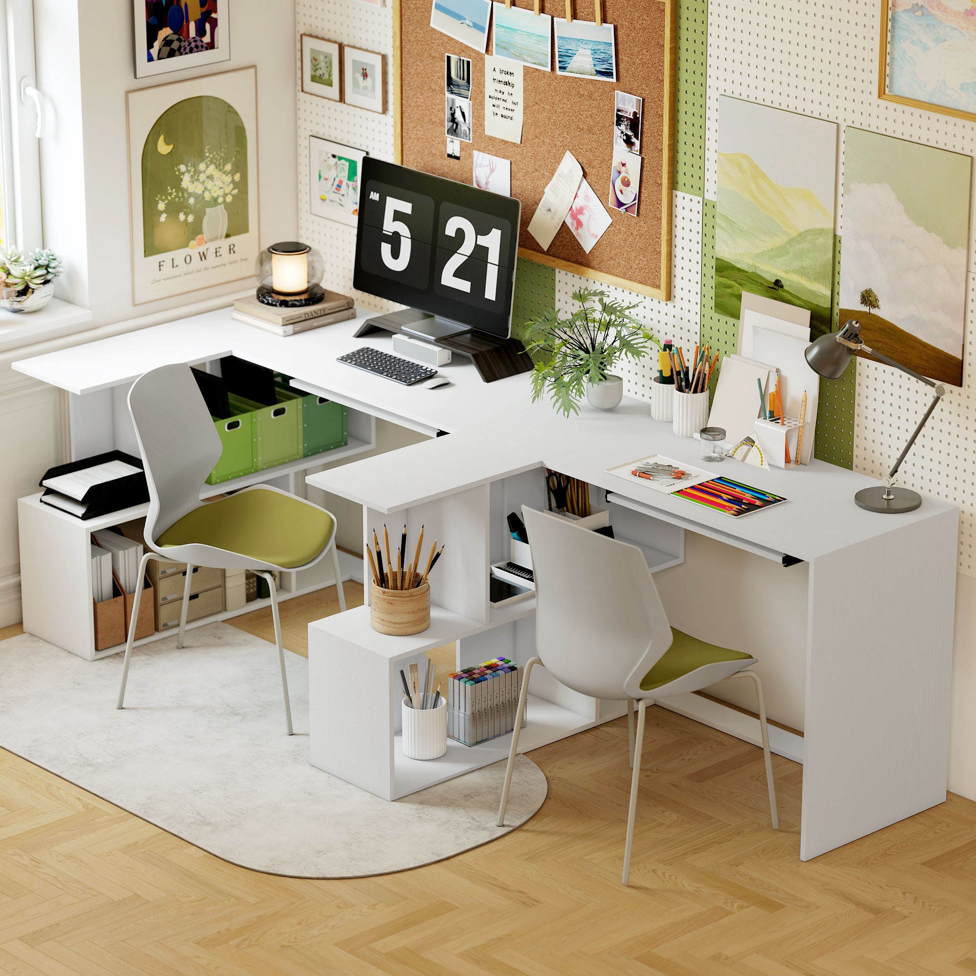 Eckschreibtisch, Computertisch mit Tastaturauszug und offenen Ablagen, weißer Holz-Look