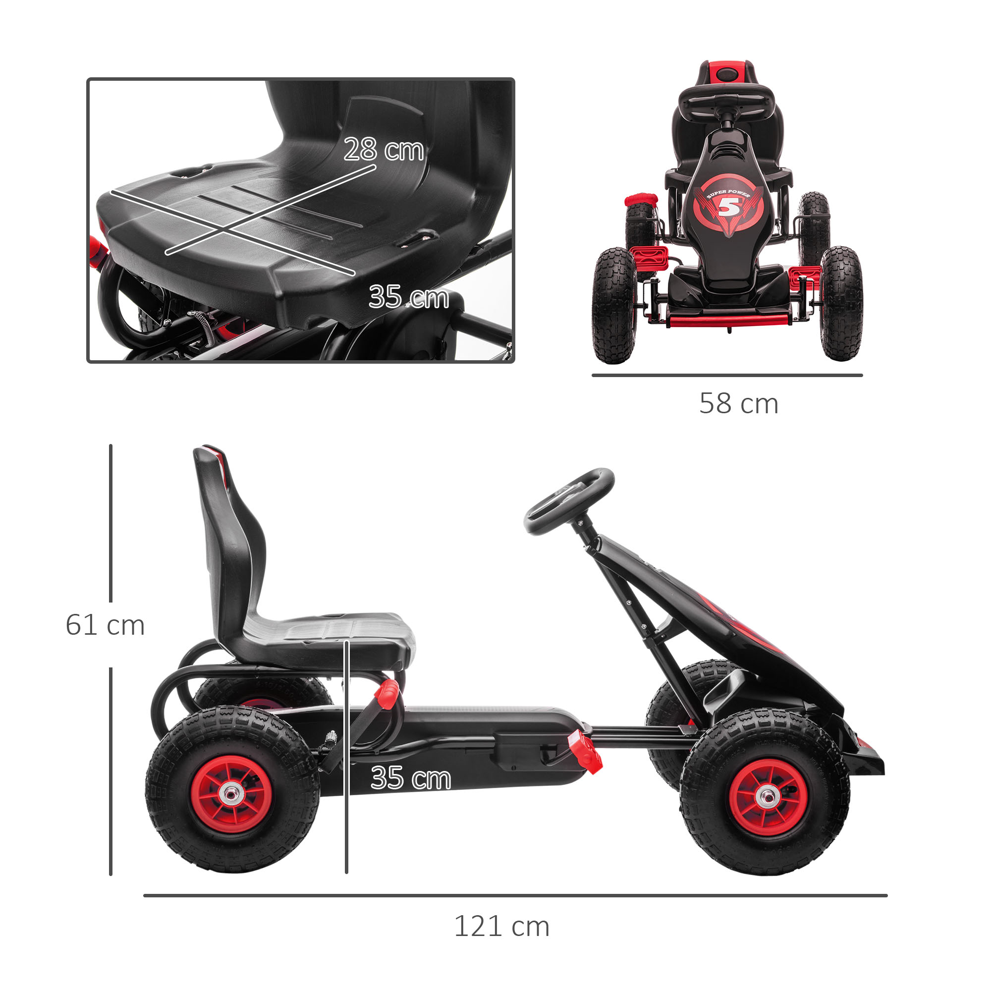 Kinder-Gokart, mit Pedalen, verstellbarem Sitz, In- und Outdoor, ab 5 Jahren, Rot+schwarz, 121 x 58 x 61 cm