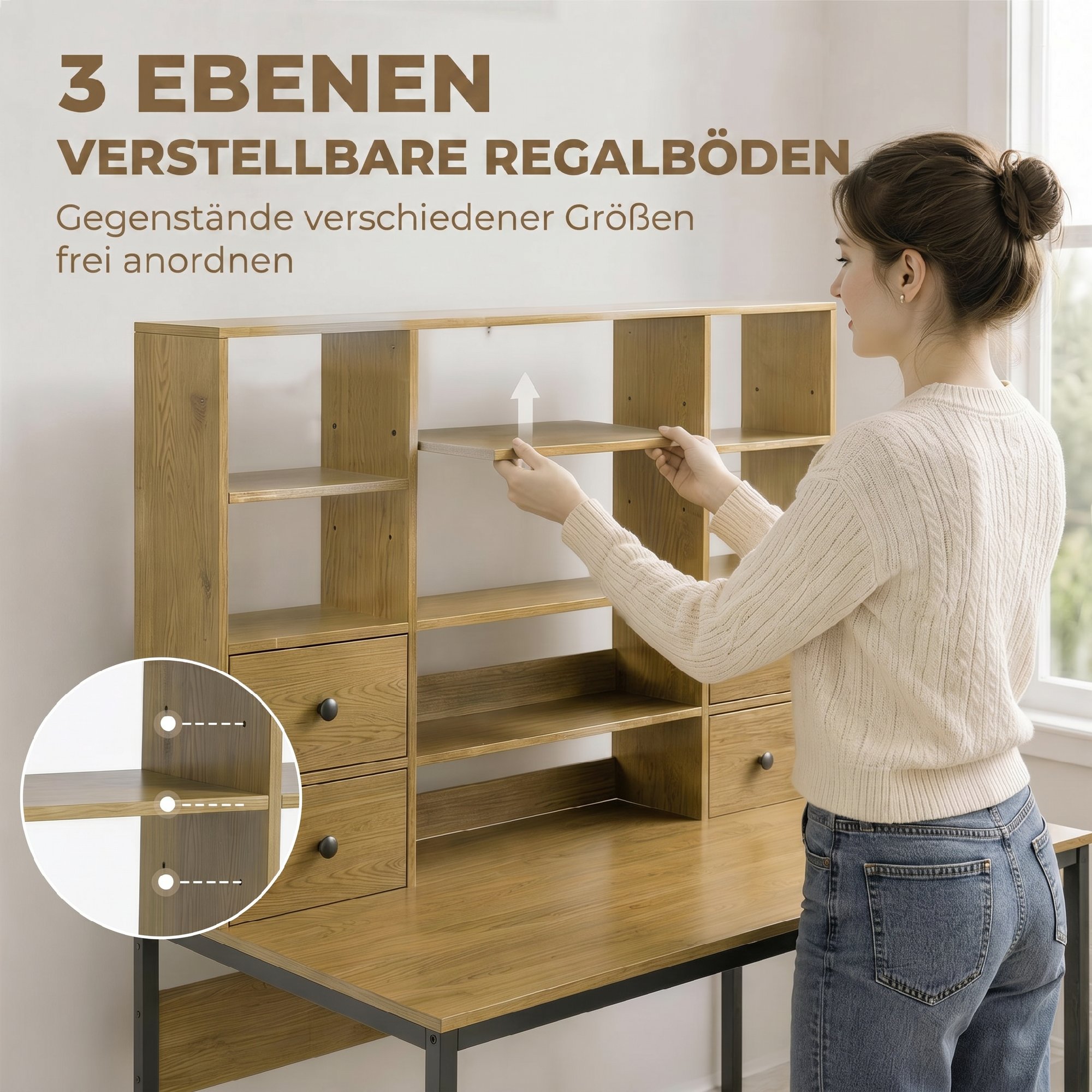Computertisch mit 4 Schubladen und Regalen, Schreibtisch 105 cm, Naturholz