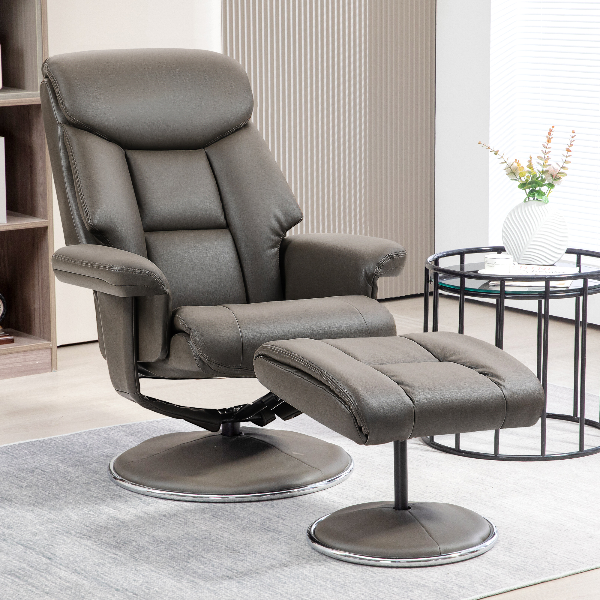 Relaxsessel mit Hocker, Rückenlehne verstellbar, Kunstleder, bis 150 kg, Grau