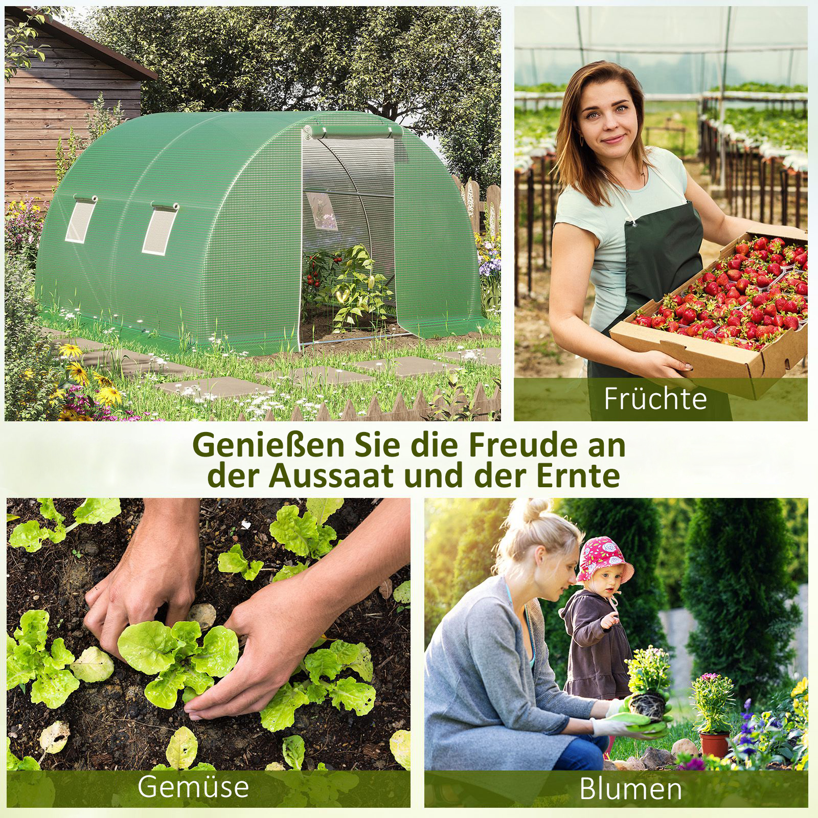 Foliengewächshaus begehbares Polytunnel 3 x 3 m Gewächshaus mit 4 Fenster Treibhaus Frostschutz Stahlrohr Dunkelgrün