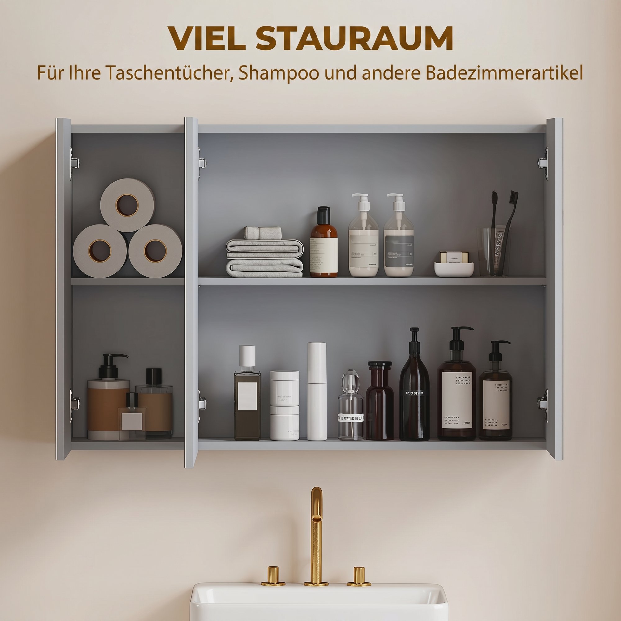 Wandmontierter Badezimmerspiegelschrank, Medizinschrank mit 3 Türen, Verstellbare Einlegeböden, Grau