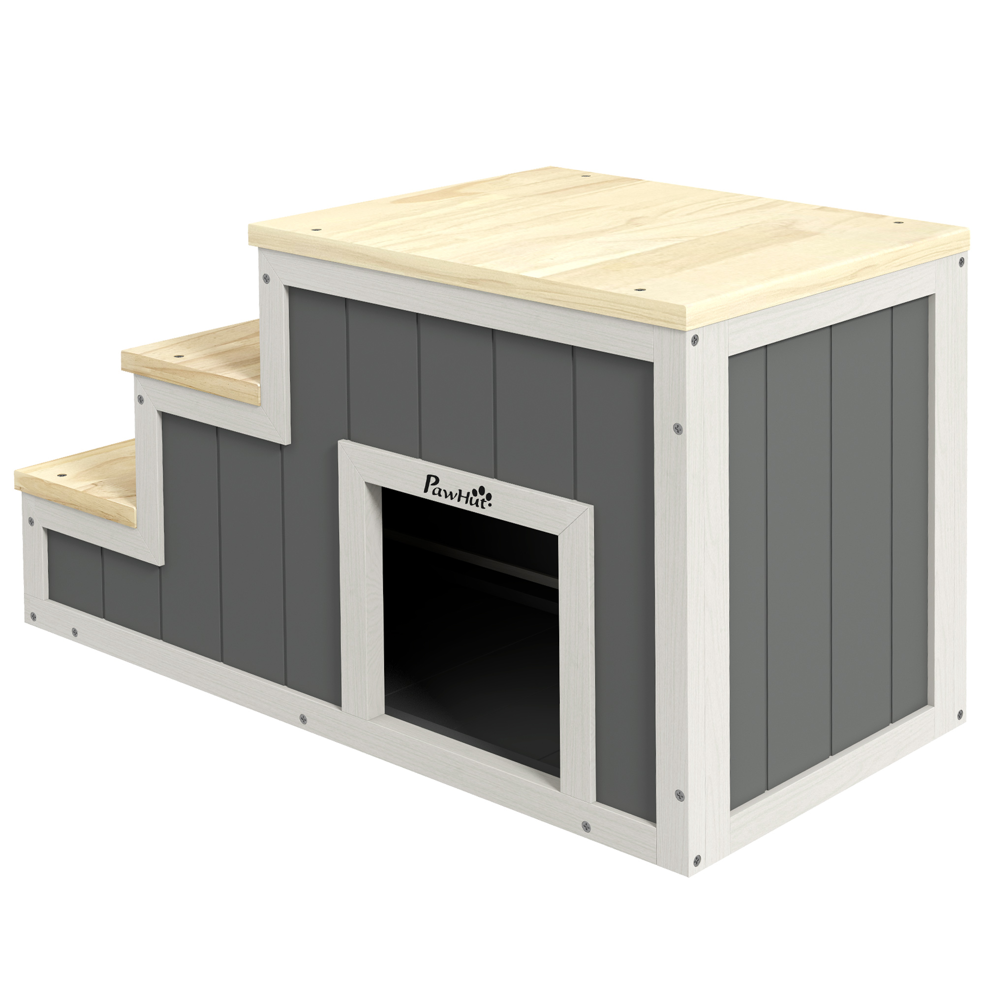 Haustiertreppe Hundetreppe, 3 Stufen, Kiefernholz, 79 cm x 38,5 cm x 45 cm, Natur + Weiß