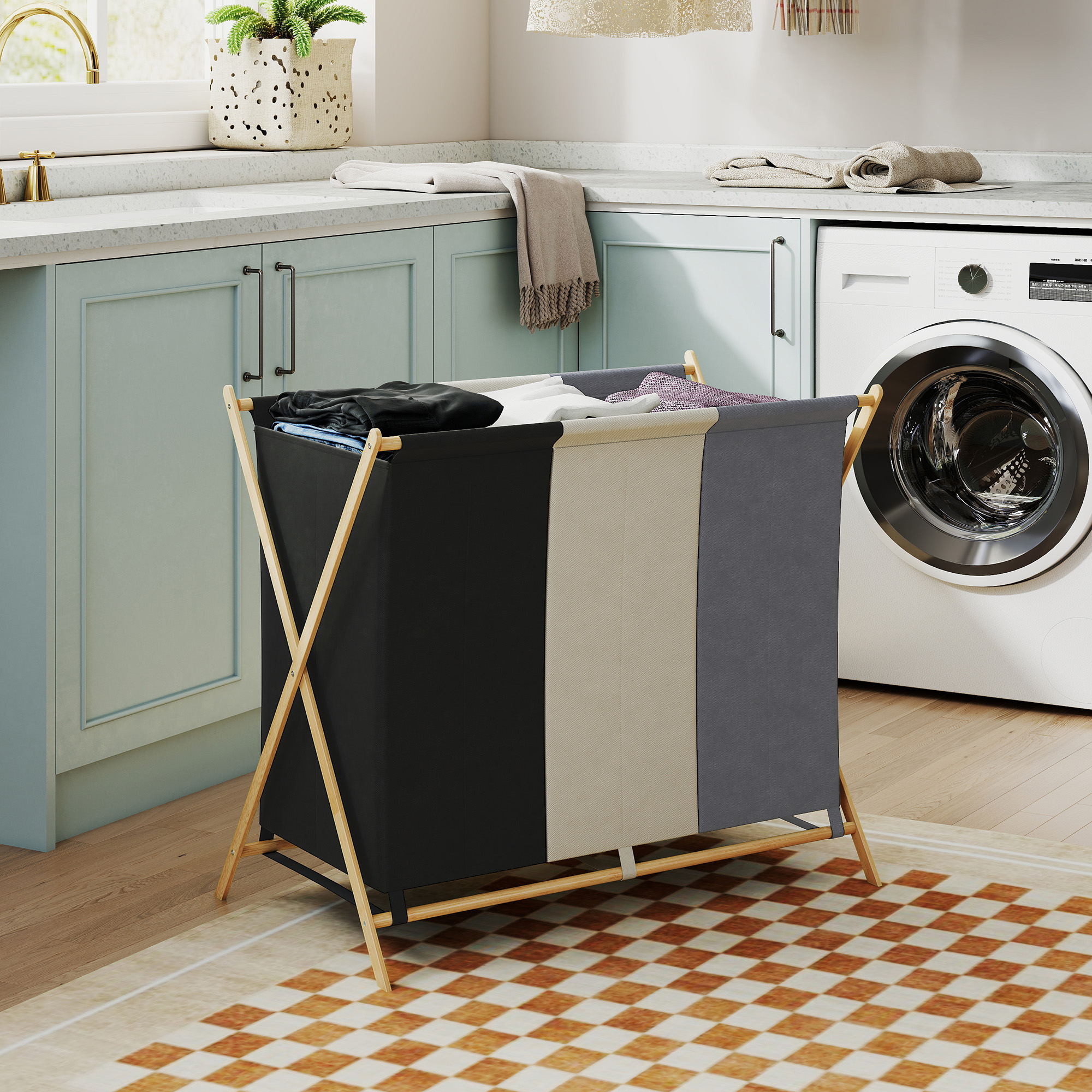 Wäschekorb mit 3 Fächern 129L Klappbar Wäschesammler für Waschküche Schlafzimmer Mehrfarbig