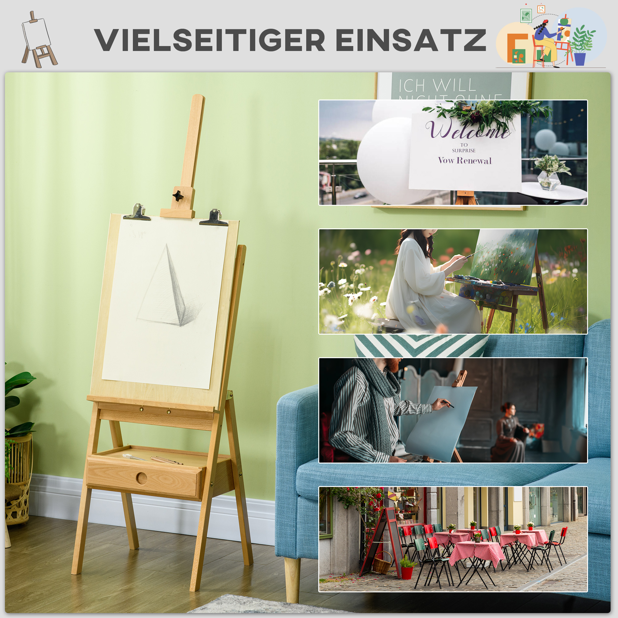 Staffelei, Künstlerstaffelei, Höhenverstellbar, 1Schublade, Natur + Schwarz