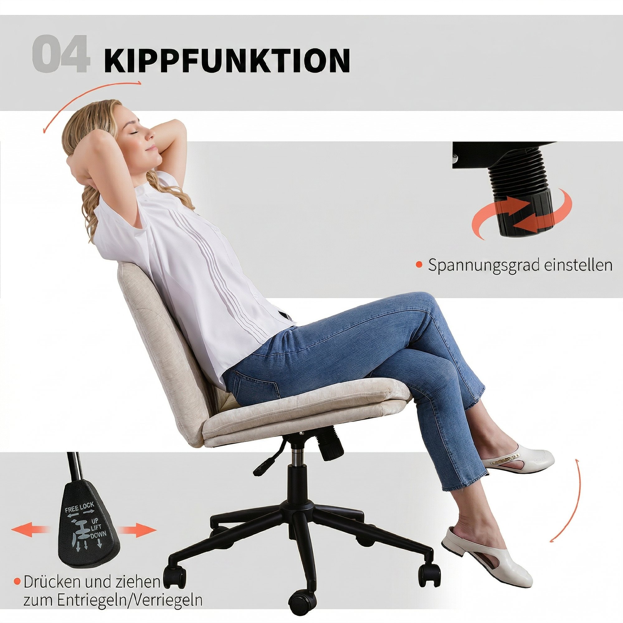 Homeoffice Stuhl Schreibtischstuhl mit Leinenoptik Höhenverstellbar Schneidersitz Drehstuhl mit Wippfunktion, Beige