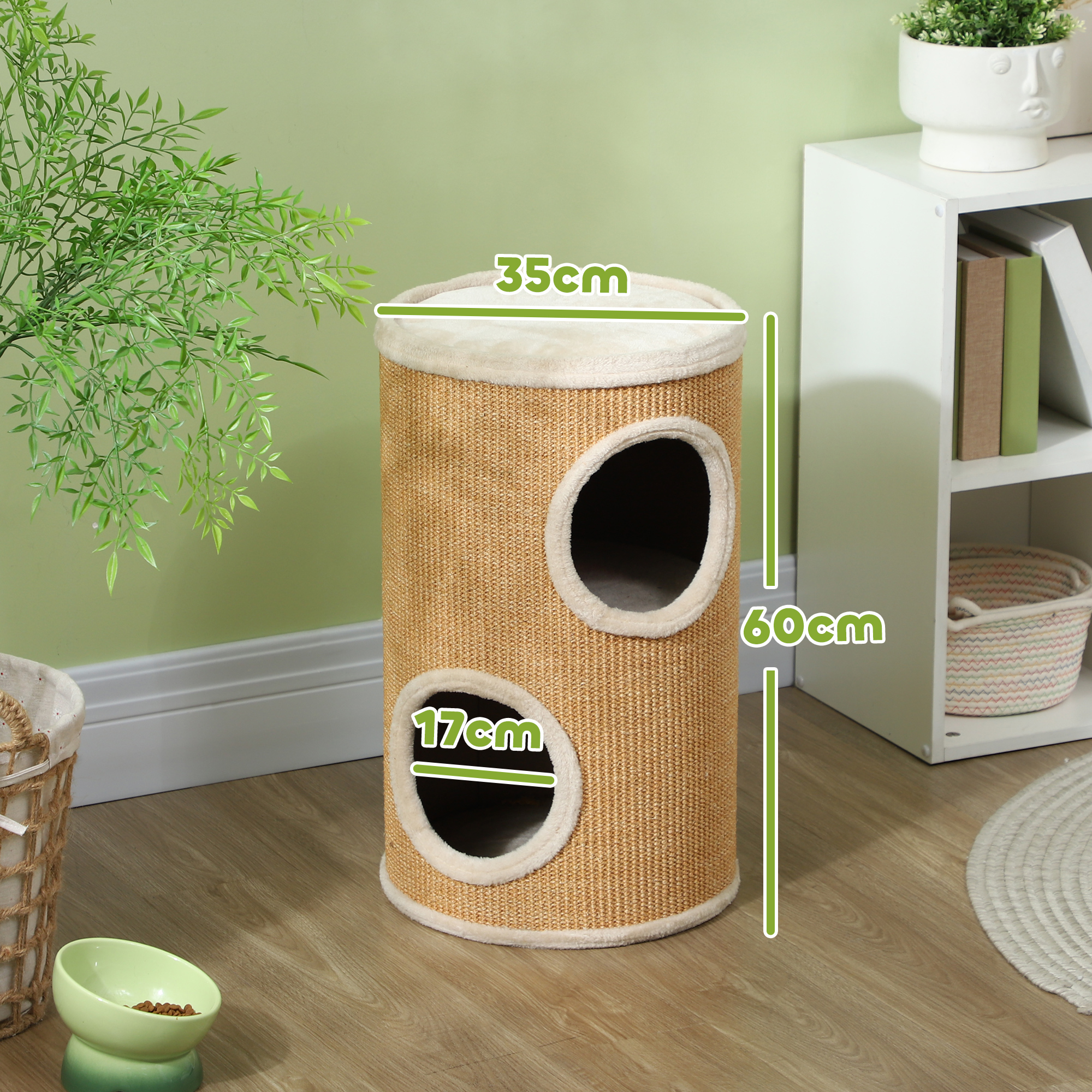 Katzenbaum mit viel Platz, Plüschbezug, Sisal-Oberfläche, ?35 x 60H cm, Braun-Beige, 10 kg