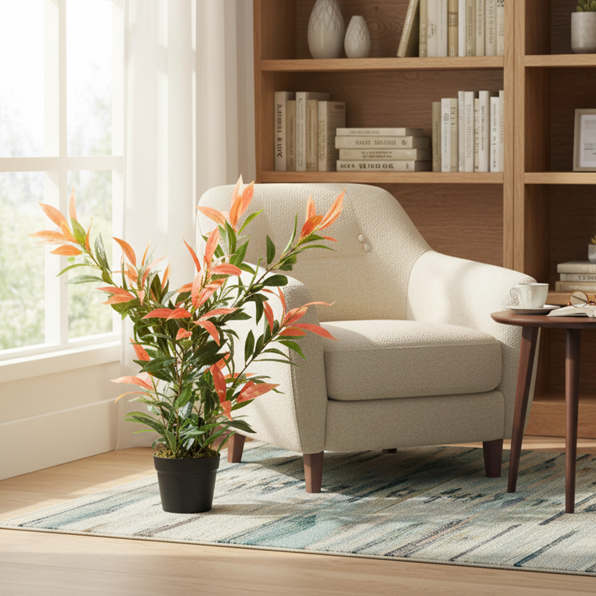 Künstliche Glanzmispel 90 cm Kunstpflanze mit 300 Blättern, anpassbaren Zweigen, 45 x 45 x 90 cm, Rot+Grün