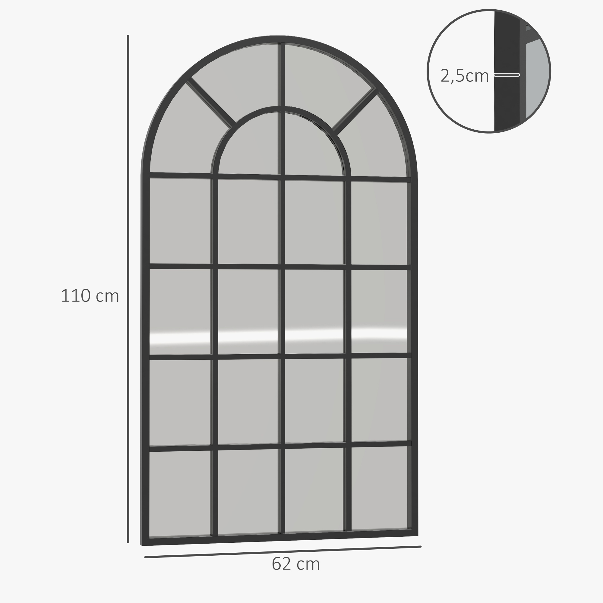 Dekospiegel großer Spiegel, Fensteroptik, Bogenförmig, inkl. Aufhängung. Schwarz + Spiegelglas