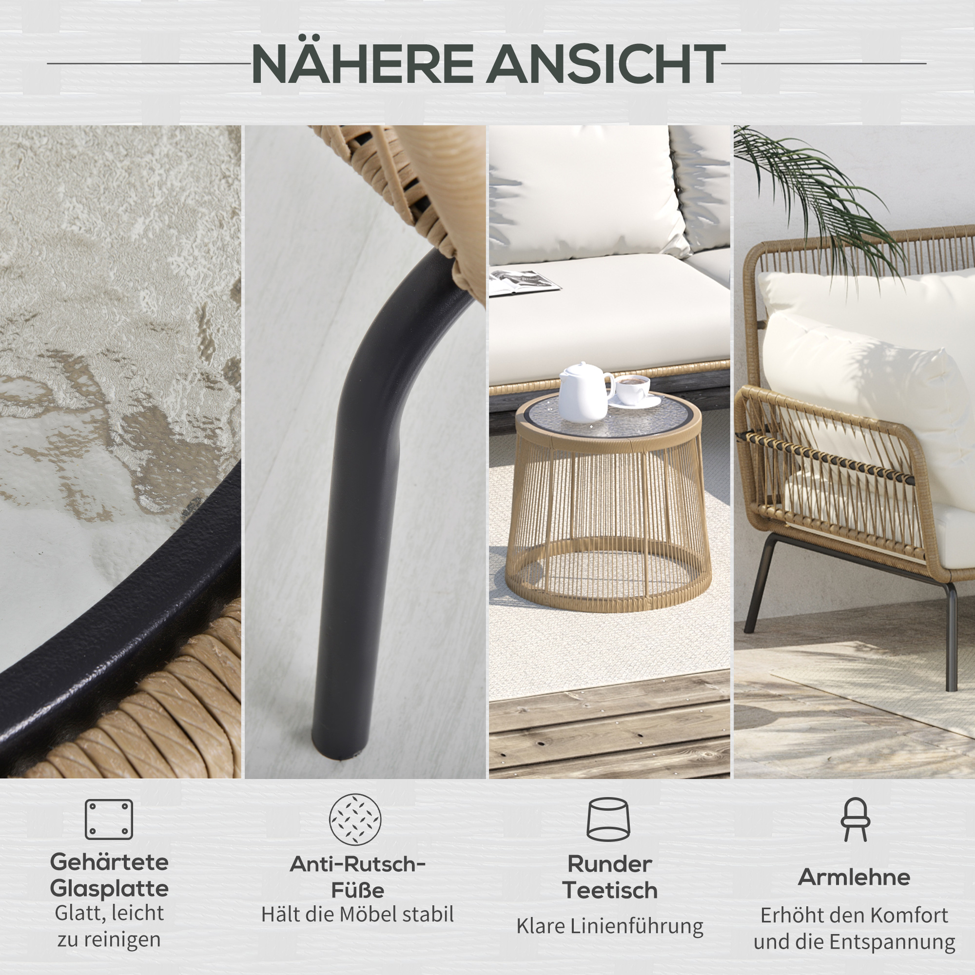 3 tlg. Rattan Gartenmöbel-Set, PE-Rattan, 1 Ecksofa, 1 Liege, inkl. Kissen, wetterbeständig, Kaffee +Creme