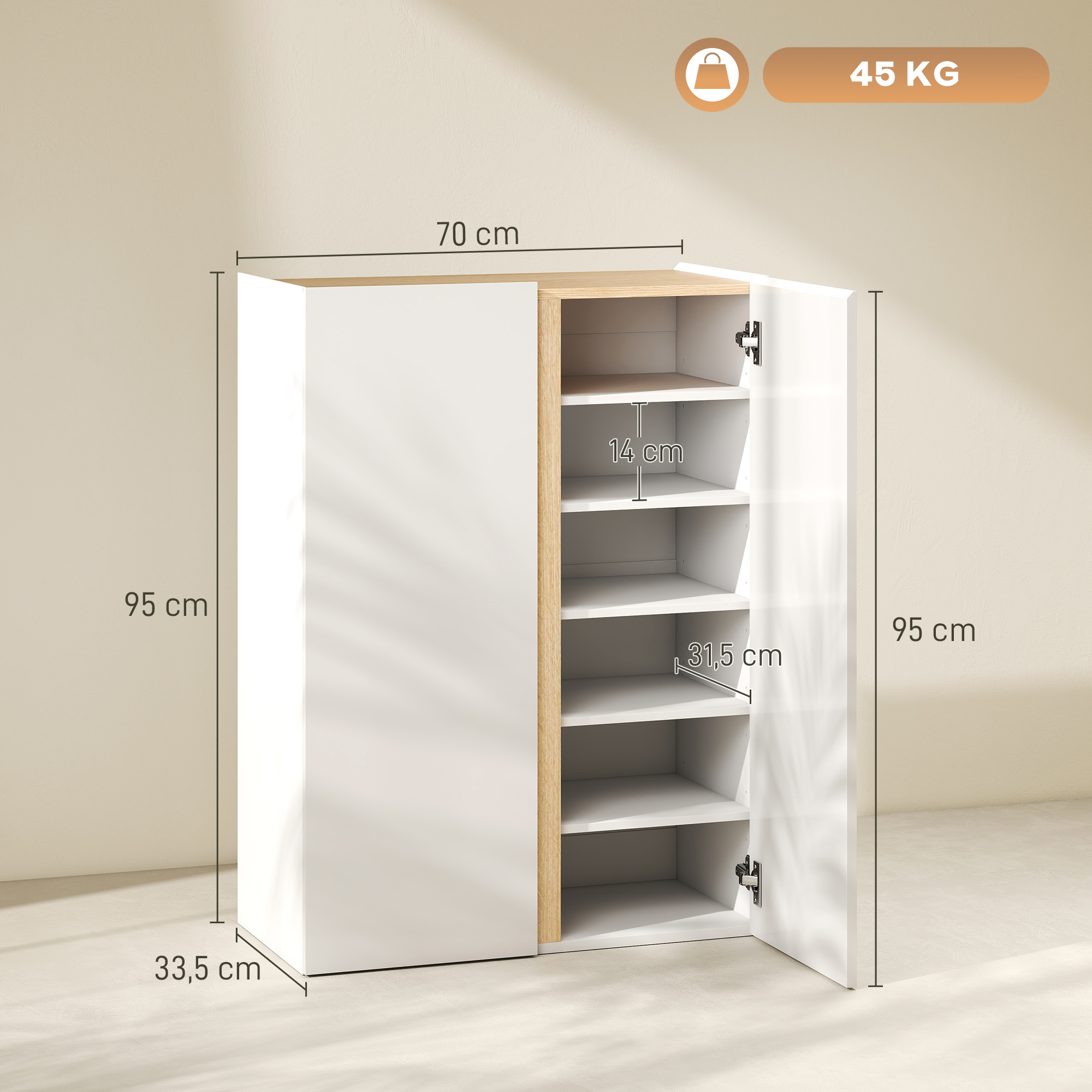 Schuhschrank mit Soft-Close-Funktion, 6-stufiges Design ohne Griffe, fasst bis zu 18 Paare, für Flur, Eingangsbereich, Holz, Weiß