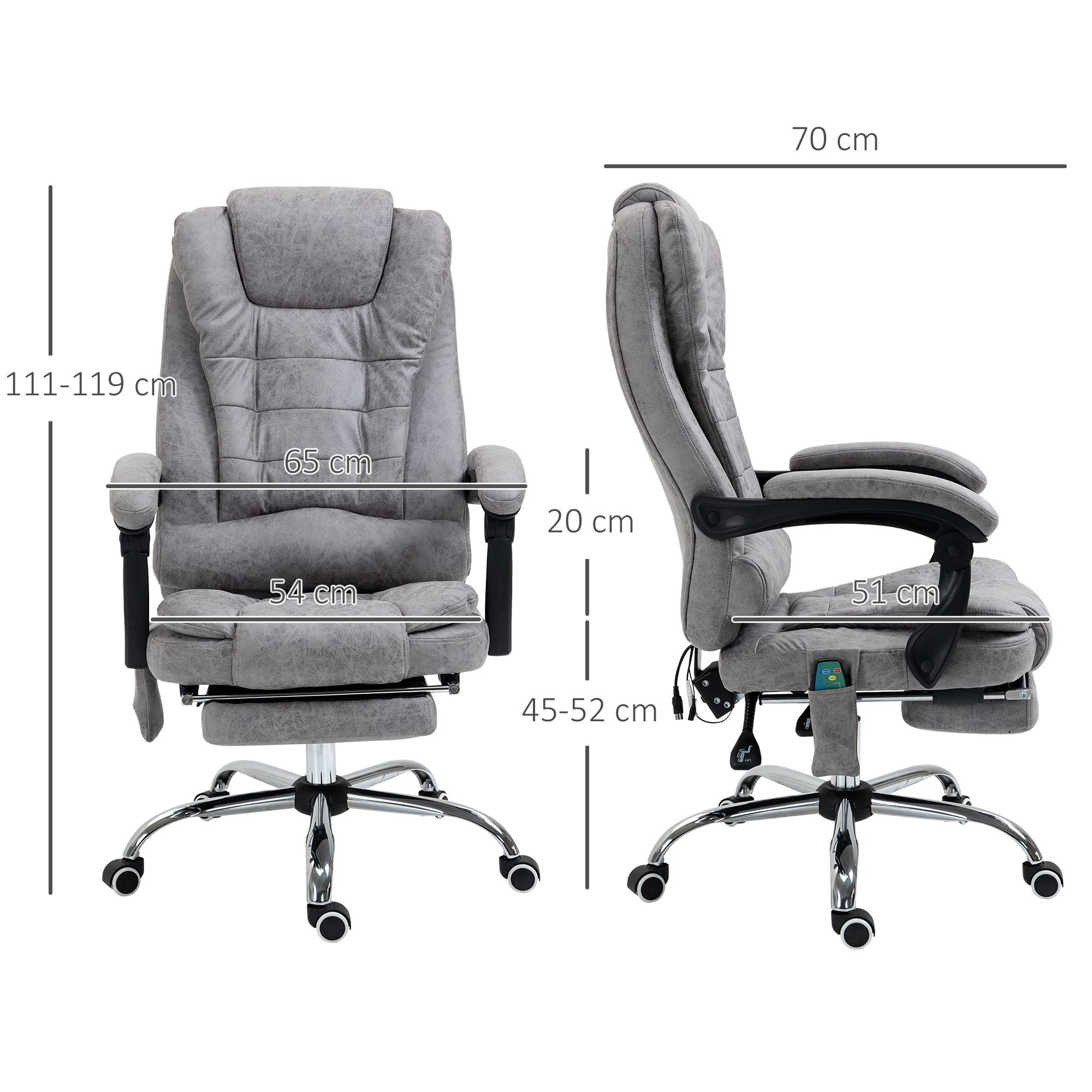 Bürostuhl mit Massagefunktion, Ergonomischer Schreibtischstuhl mit Liege- & Wärmefunktion, Fernbedienung, Grau