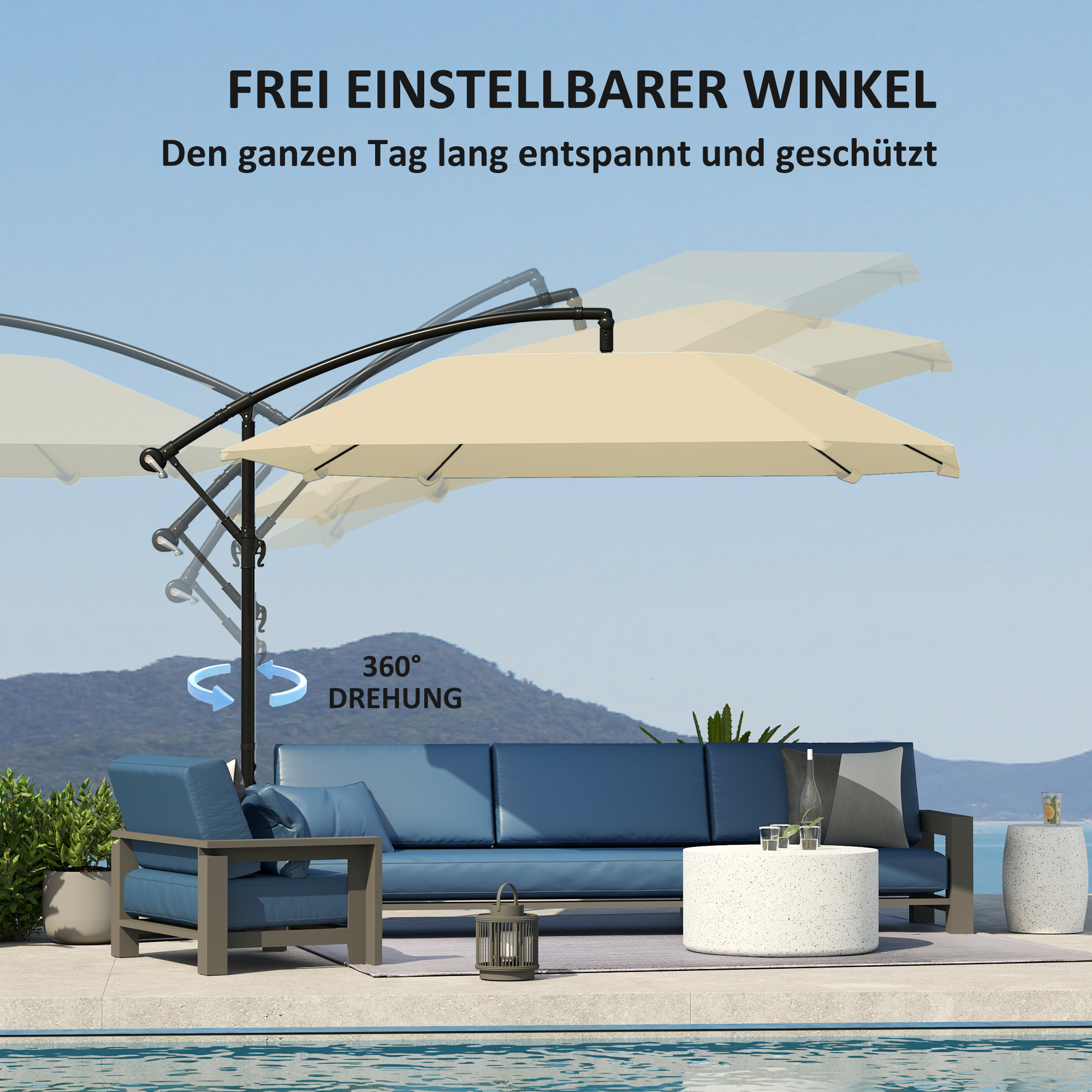 Ampelschirm Alu Ø 260 cm Sonnenschirm, wasserdicht Kurbelschirm mit Ständer, Kurbel, Beige