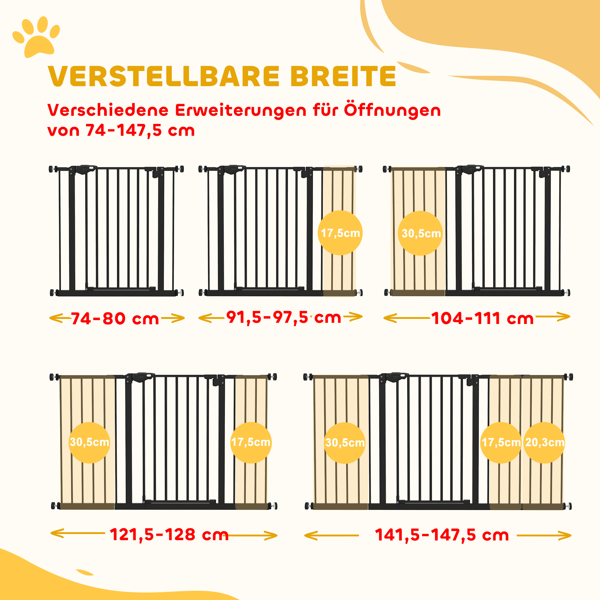 Türschutzgitter Treppenschutzgitter mit 17,5/20,3/30,5 cm Verlängerung Türgitter ohne Bohren mit Auto-Close für Breiten 74-147,5 cm Beidseitig Schwenkbar Metall Schwarz
