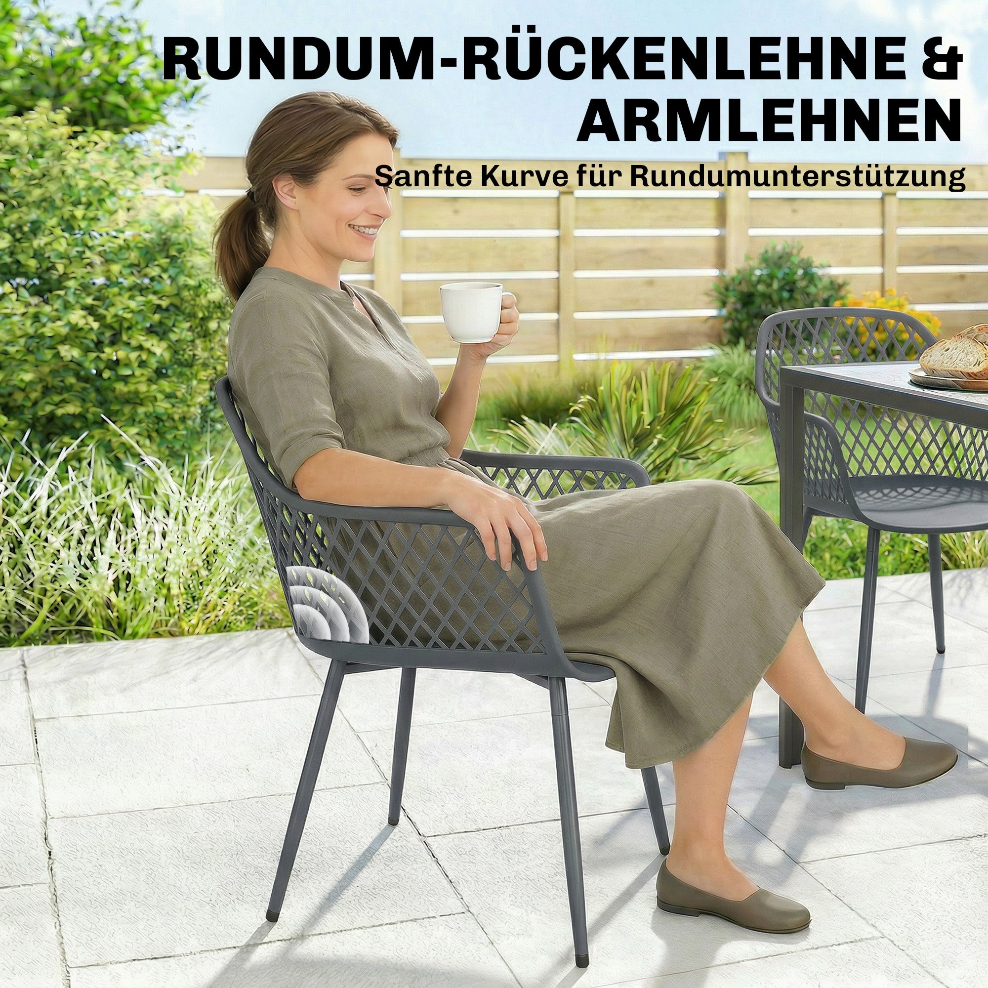 Gartenstuhl 4er Set UV-beständige Gartenstühle aus Kunststoff mit Armlehne Rückenlehne 56 x 51 x 84 cm Dunkelgrau