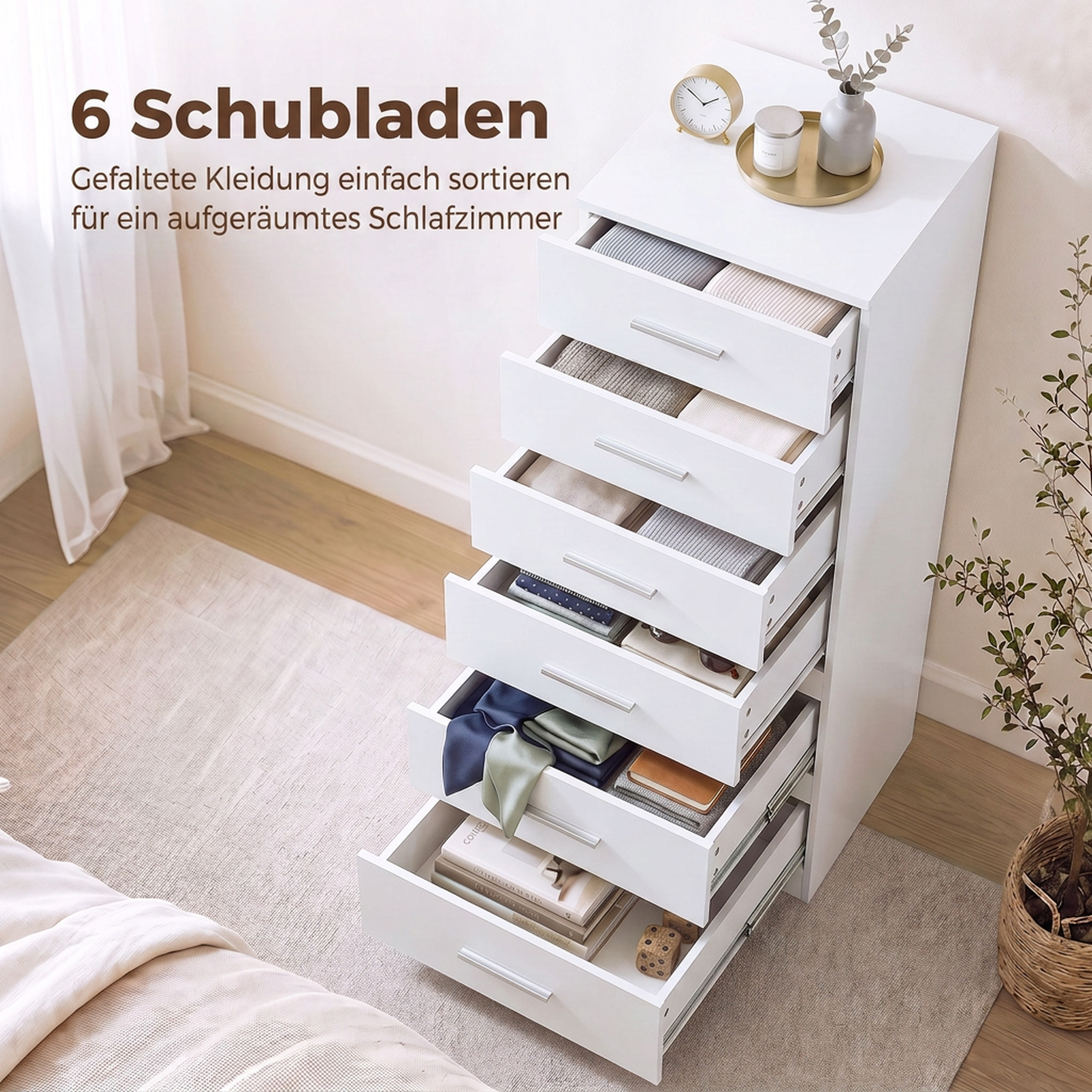 Kommode mit 6 Schubladen, moderne Schlafzimmerkommode, Aufbewahrungsschrank, 40 x 40 x 110 cm, Weiß in Holzoptik