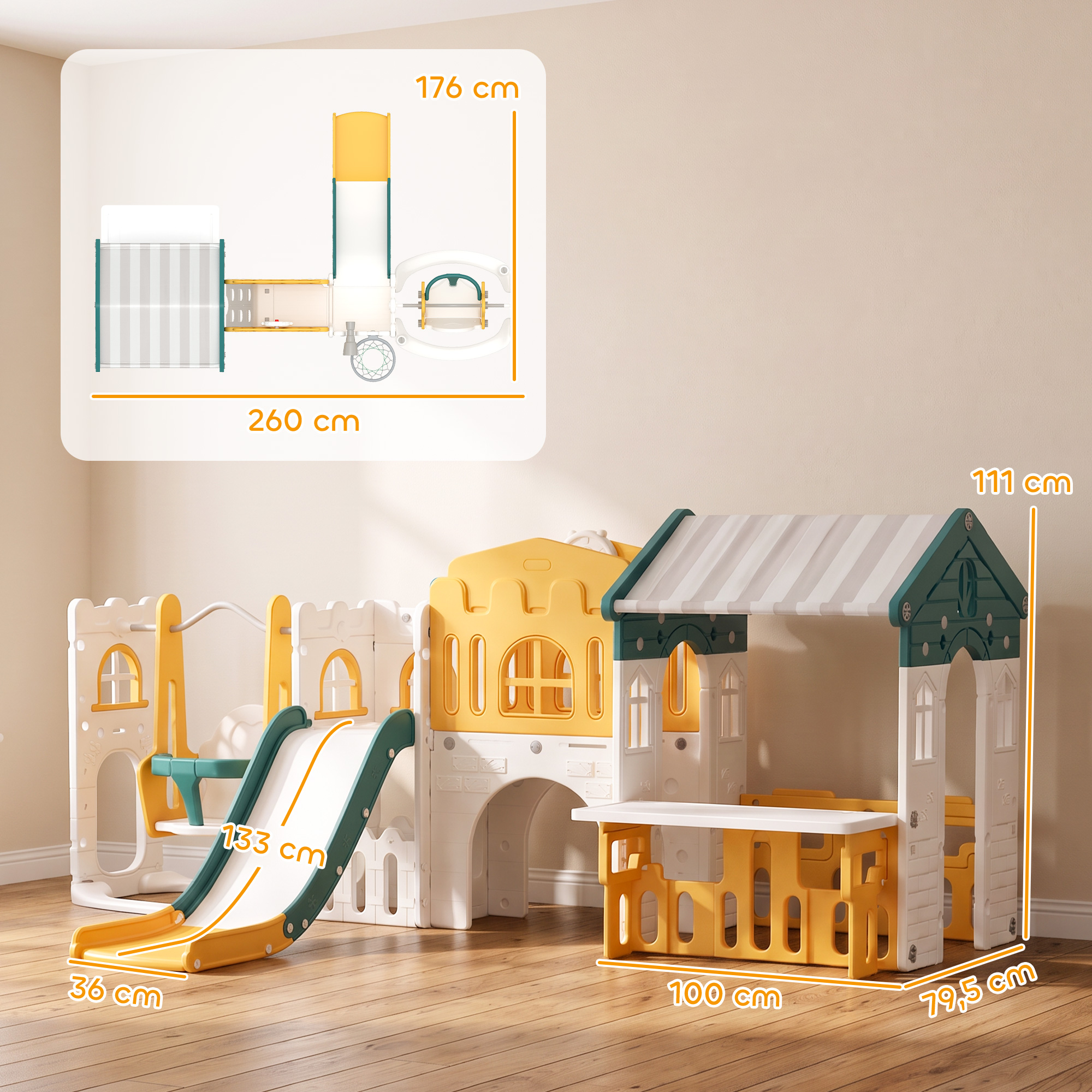 11 in 1 Kinderrutsche mit Schaukel Spielhaus Gartenrutsche mit Tunnel Basketballkorb Fernrohr Lenkrad Maltafel