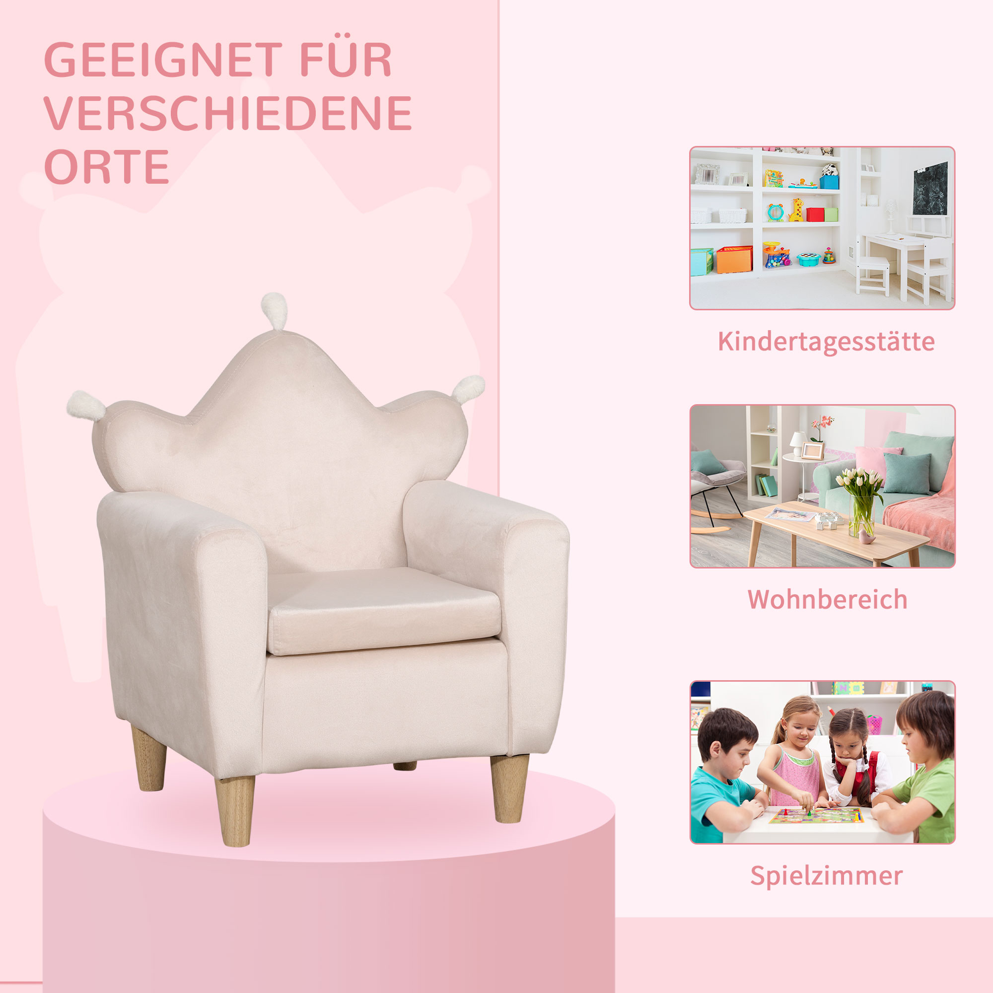 Kindersessel für Kinder 3-5 Jahre, weicher Stoffbezug, Rahmen aus Eukalyptusholz, 50 x 42 x 58cm, hellrosa